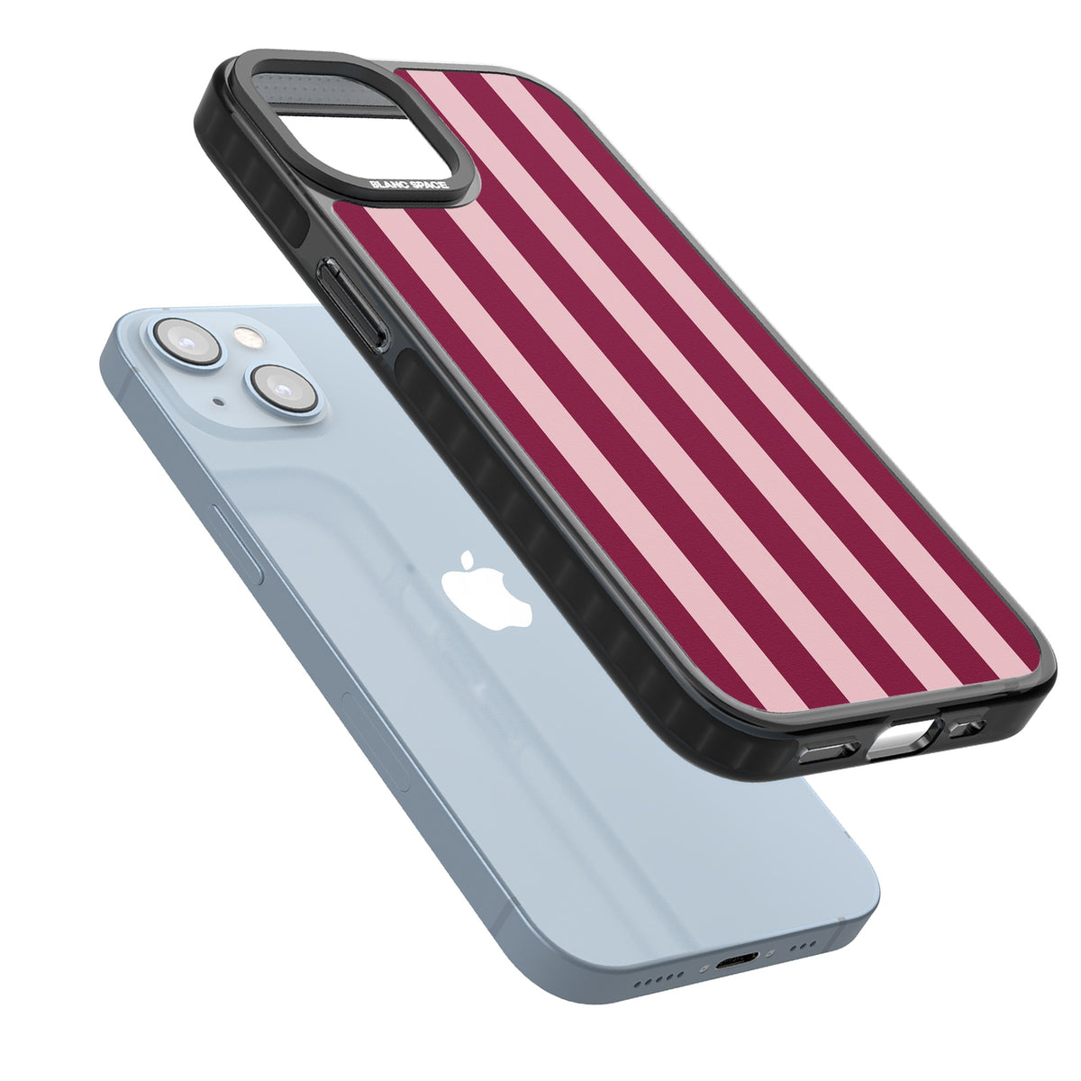 Bordeaux Belle preppy iPhone case featuring bold vertical stripes in burgundy and soft blush pink iPhone 12 / 12 Pro / iPhone 12 / iPhone 12 Pro / iPhone 13 / iPhone 14 / iPhone 14 Plus / iPhone 15 / iPhone 15 Plus Impact Black Phone Case angled
