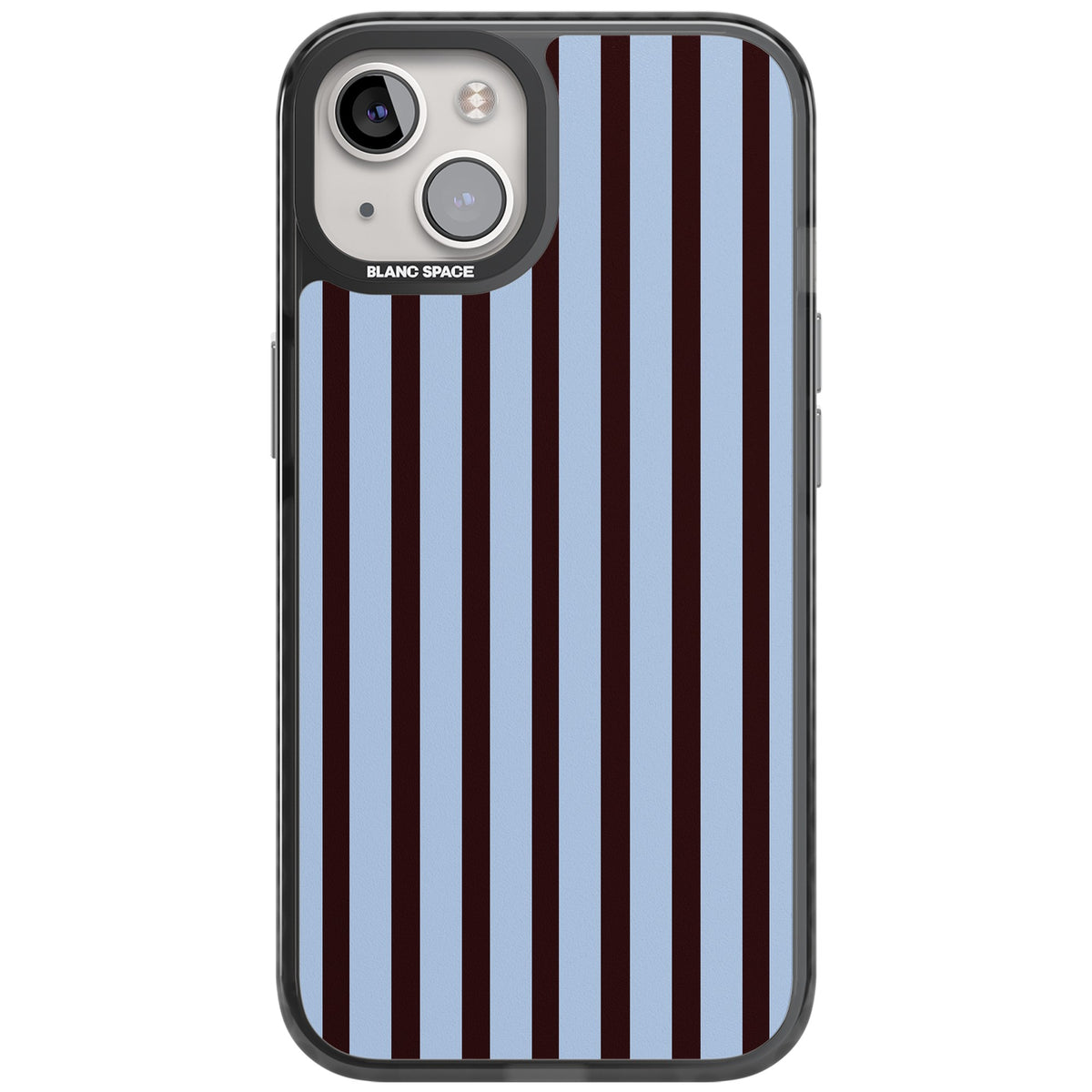 Blackcurrant Stripe preppy iPhone case featuring vertical burgundy and light blue stripes in a classic pinstripe layout iPhone 12 / 12 Pro / iPhone 12 / iPhone 12 Pro / iPhone 13 / iPhone 14 / iPhone 14 Plus / iPhone 15 / iPhone 15 Plus Impact Black Phone Case front