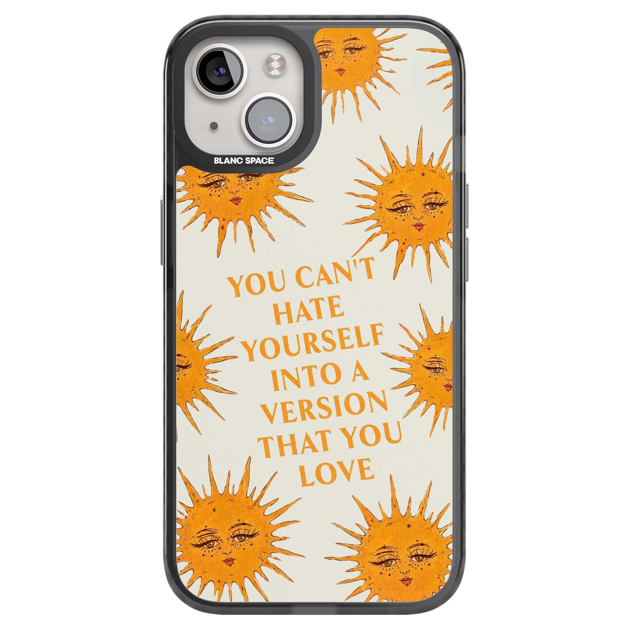 Don't Hate Yourself celestial iPhone case featuring vintage sun faces, ochre rays and a self-love quote | Black Impact case for iPhone 13, iPhone 14, iPhone 15