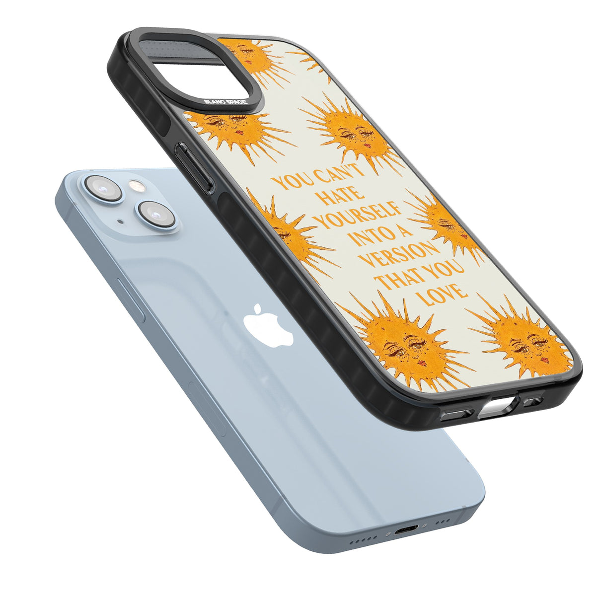 Don't Hate Yourself iPhone 12 / 12 Pro / iPhone 13 / iPhone 14 / iPhone 14 Plus / iPhone 15 / iPhone 15 Plus Impact Black Phone Case angled