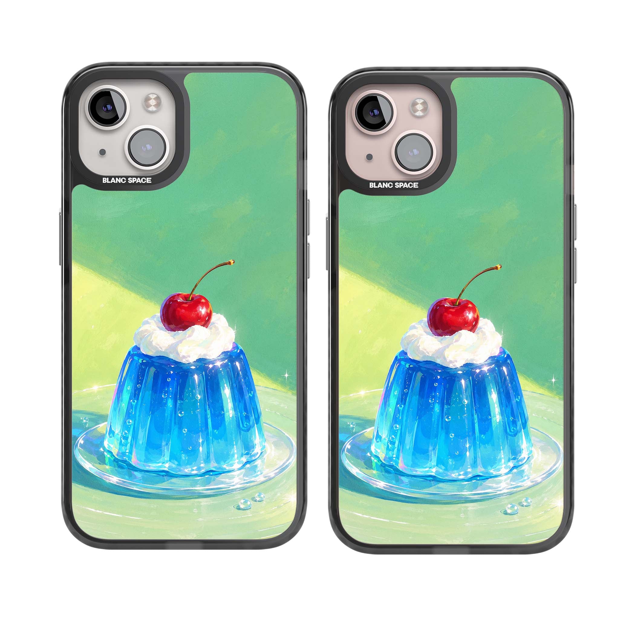 Cherry Jelly kawaii dessert iPhone case featuring blue jelly pudding, whipped cream and a red cherry | Black Impact case for iPhone 13, iPhone 14, iPhone 15