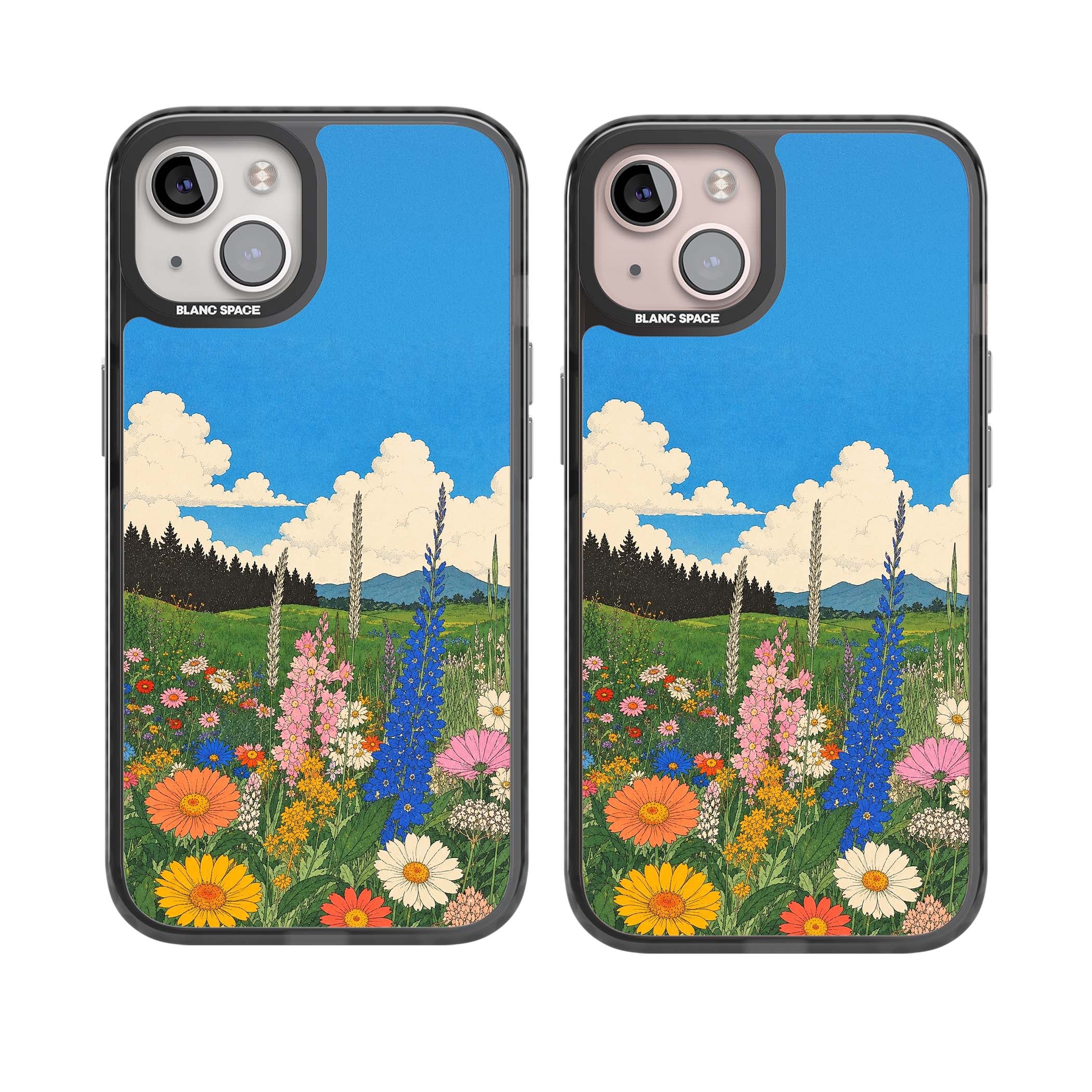 Wildbloom wildflower iPhone case featuring a vintage Japanese-style meadow landscape with daisies, delphiniums and moun | Black Impact case for iPhone 13, iPhone 14, iPhone 15