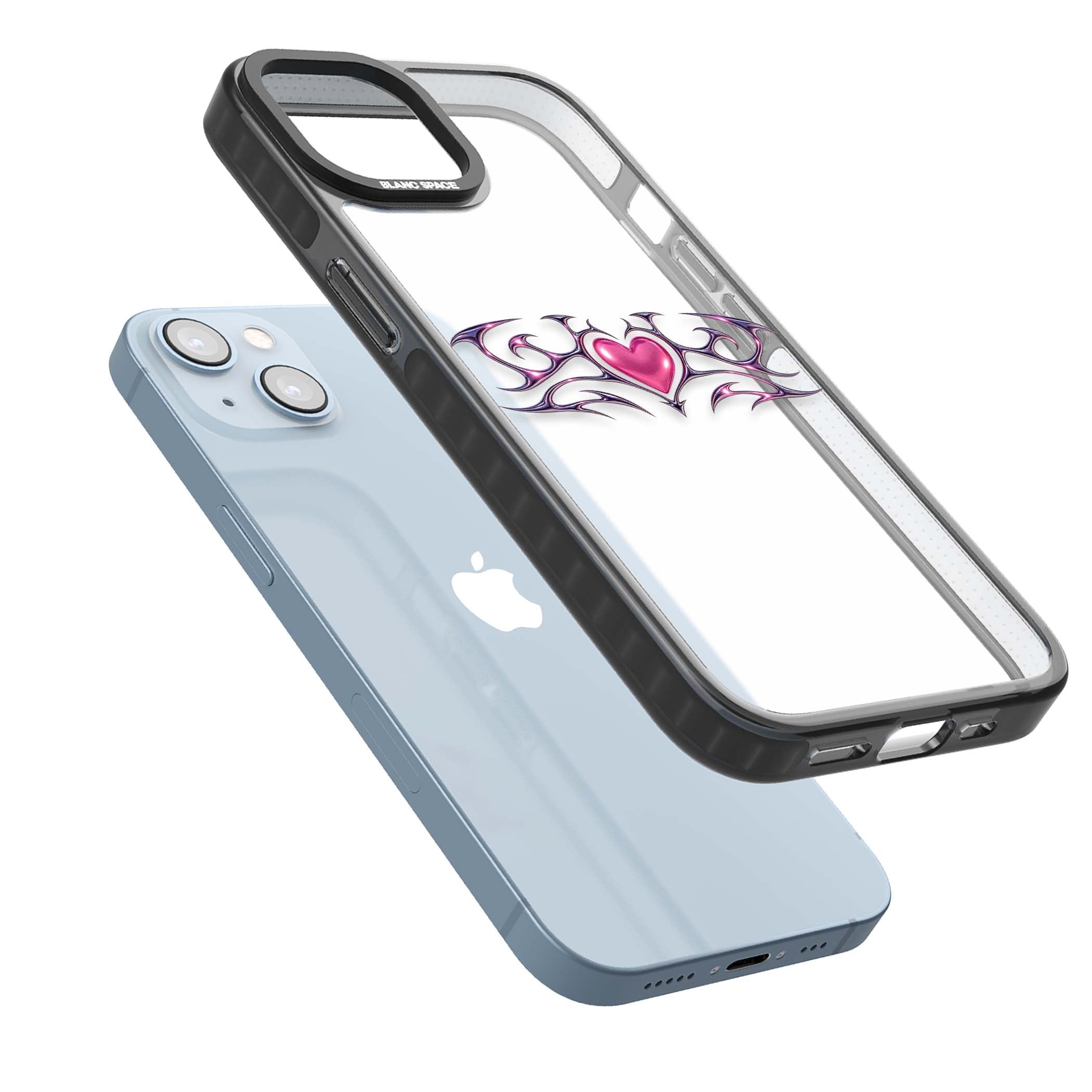 Pink Chrome Heart y2k iPhone case | Black Impact case for iPhone 13, iPhone 14, iPhone 15