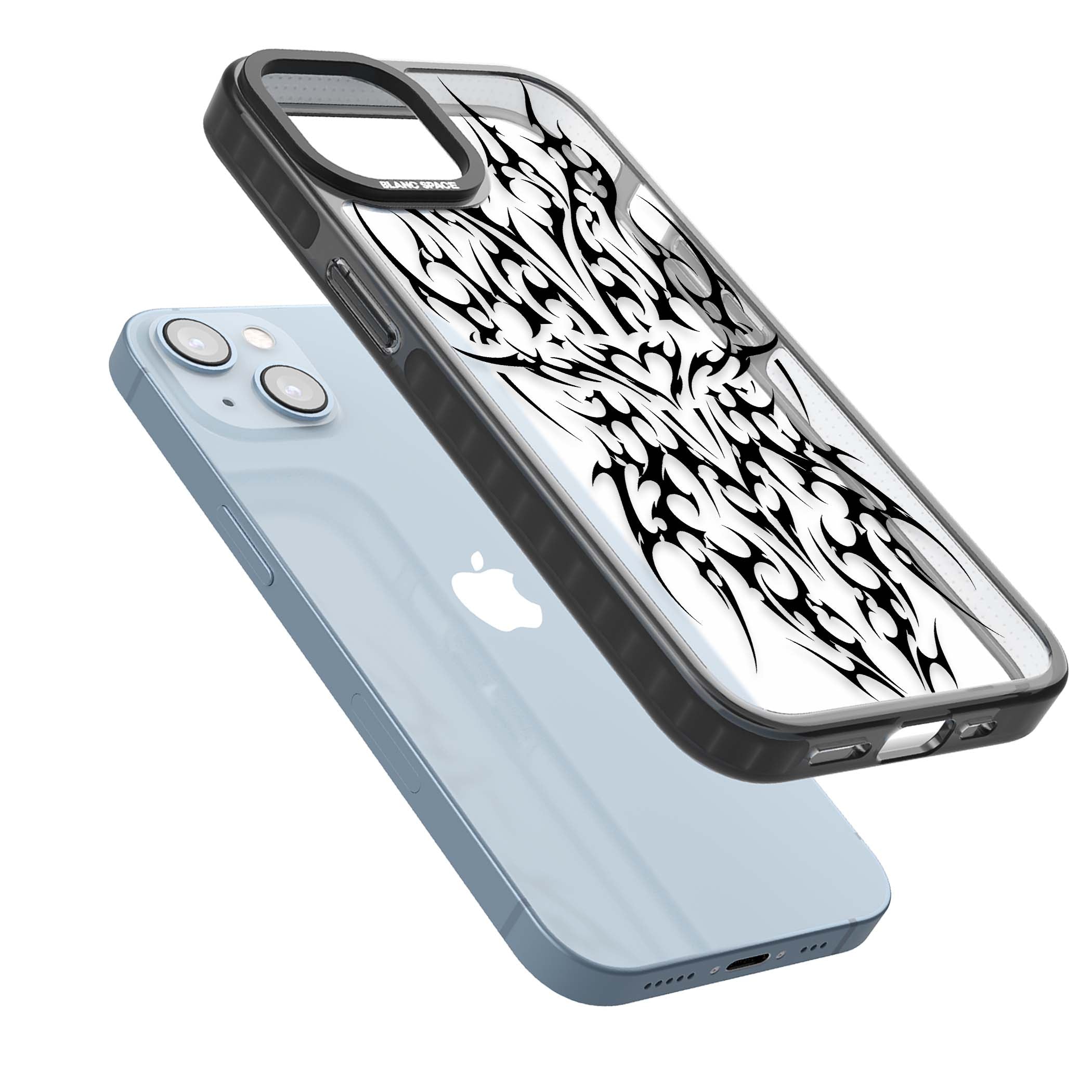 Neo Tribal Heart gothic iPhone case featuring symmetrical black tribal tattoo art with sharp thorn-like linework | Black Impact case for iPhone 13, iPhone 14, iPhone 15