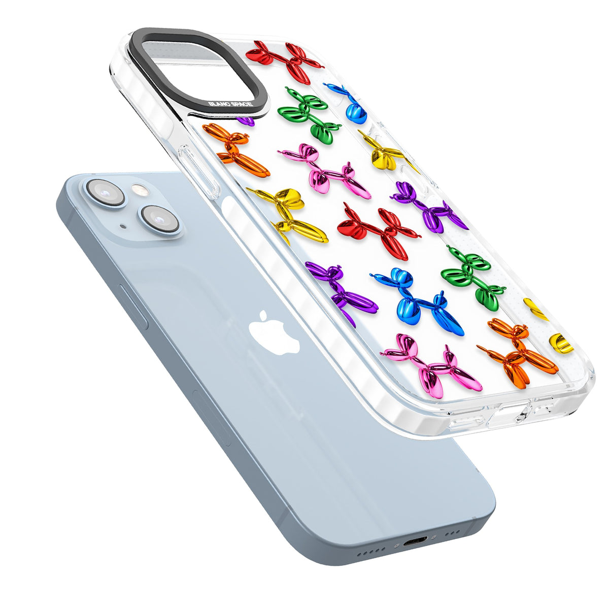 Balloon Dogs iPhone 12 / 12 Pro / iPhone 13 / iPhone 14 / iPhone 14 Plus / iPhone 15 / iPhone 15 Plus Impact Clear Phone Case angled
