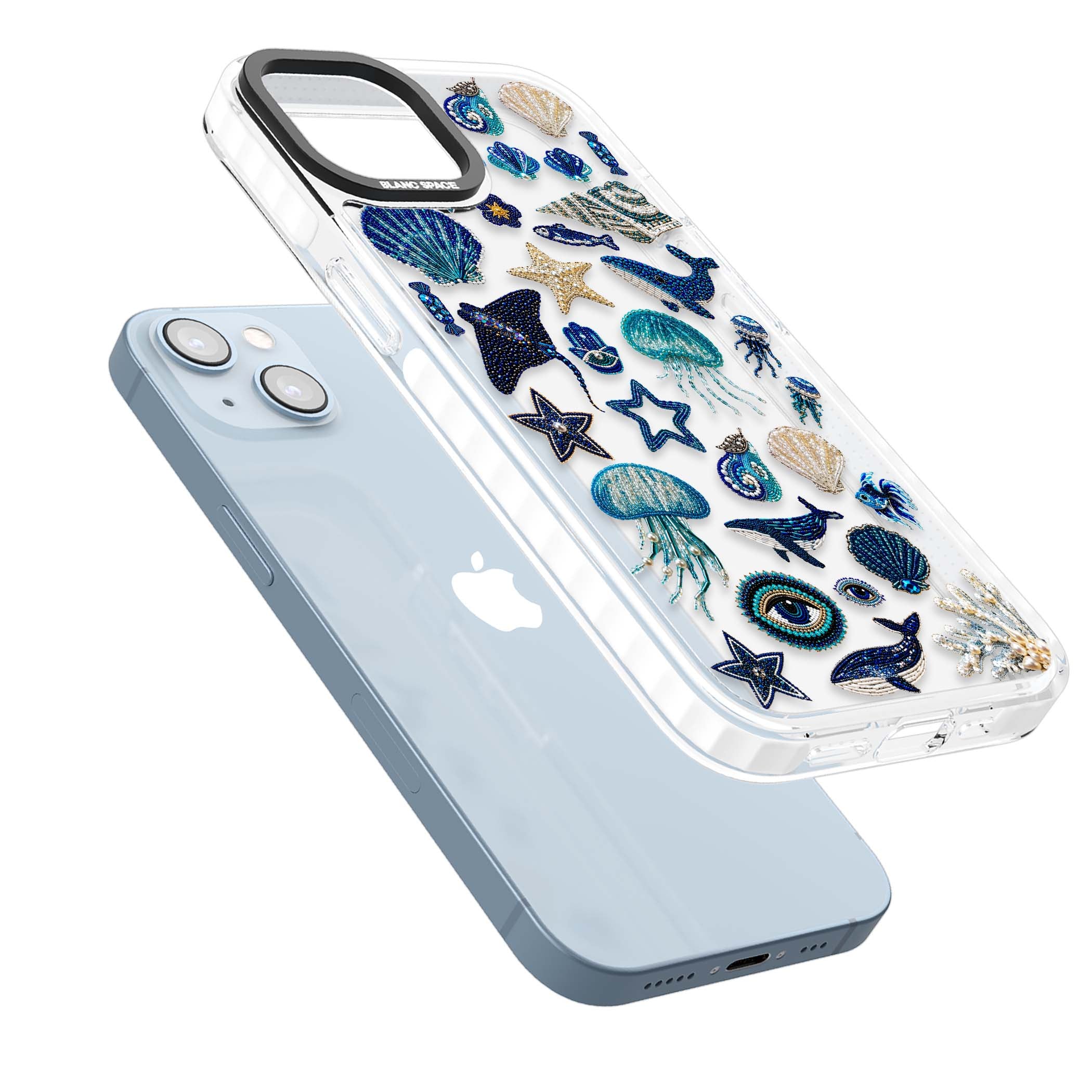 Beaded Coastal coastal iPhone case featuring embroidered seashells, jellyfish and a blue whale on clear | Clear Impact case for iPhone 13, iPhone 14, iPhone 15