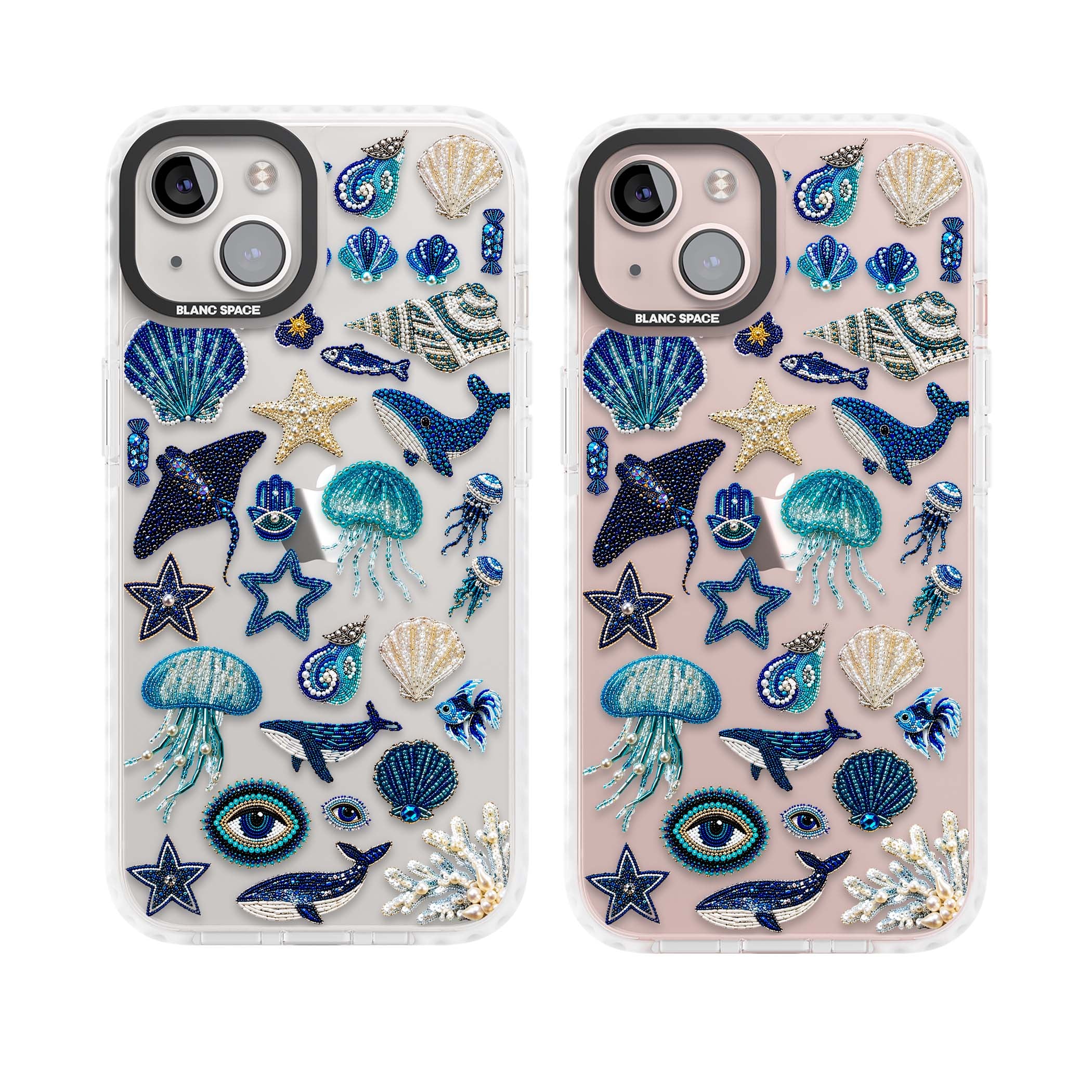 Beaded Coastal coastal iPhone case featuring embroidered seashells, jellyfish and a blue whale on clear | Clear Impact case for iPhone 13, iPhone 14, iPhone 15