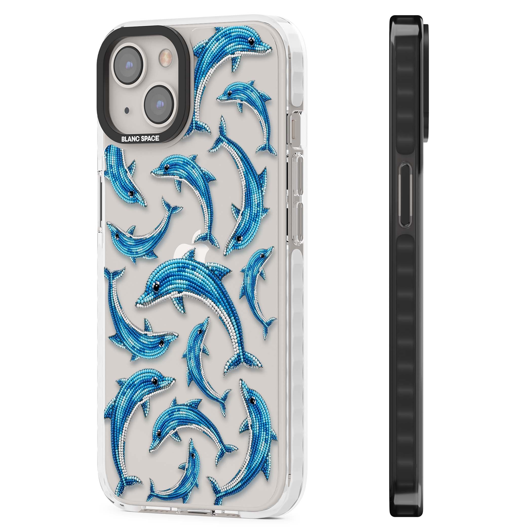 Beaded Dolphins coastal iPhone case featuring beaded dolphins in blue and white swimming across a clear background | Clear Impact case for iPhone 13, iPhone 14, iPhone 15