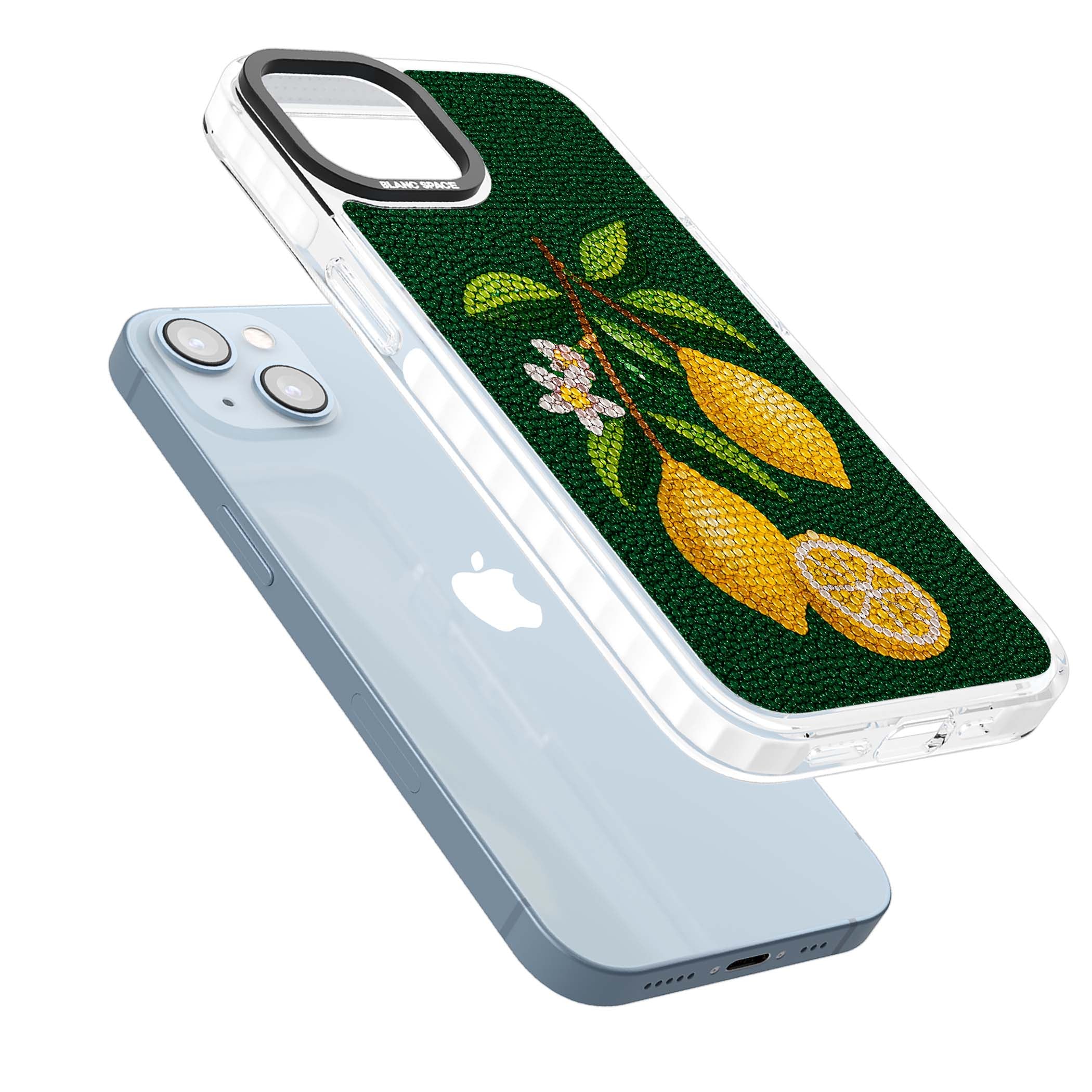 Beaded Lemons coastal iPhone case featuring crystal-beaded lemons, citrus blossom and green leaves on emerald ground | Clear Impact case for iPhone 13, iPhone 14, iPhone 15