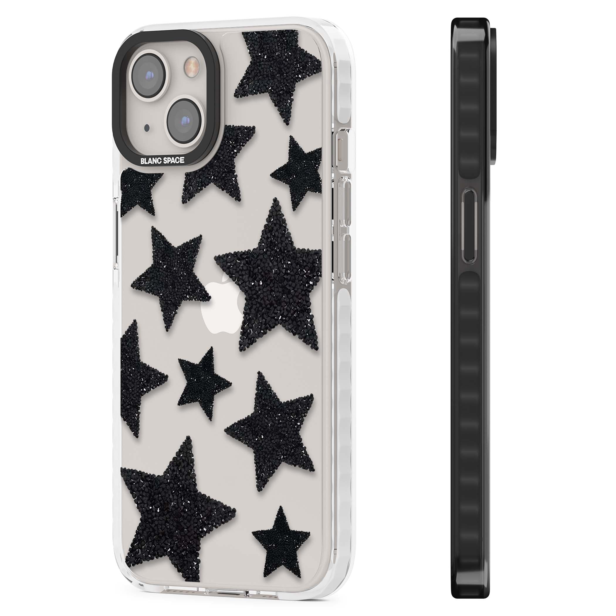 Beaded Black Stars celestial iPhone case featuring black glitter beaded stars scattered on a clear background | Clear Impact case for iPhone 13, iPhone 14, iPhone 15