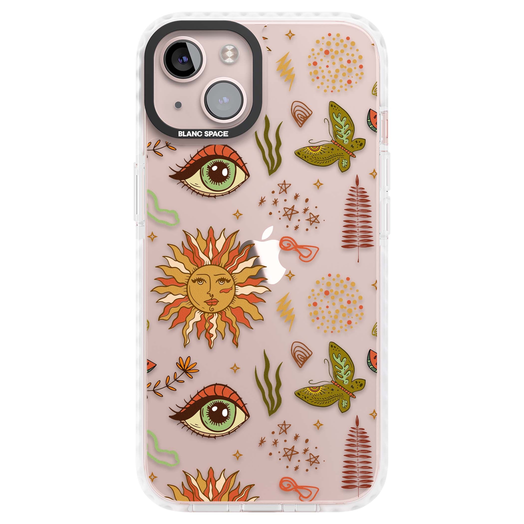 Elevate Your Phone'S Style With This Boho Celestial Sun & Eye Phone Case, Featuring A Mystical Blend Of Suns, All-Seeing Eyes, Butterflies, Stars, And