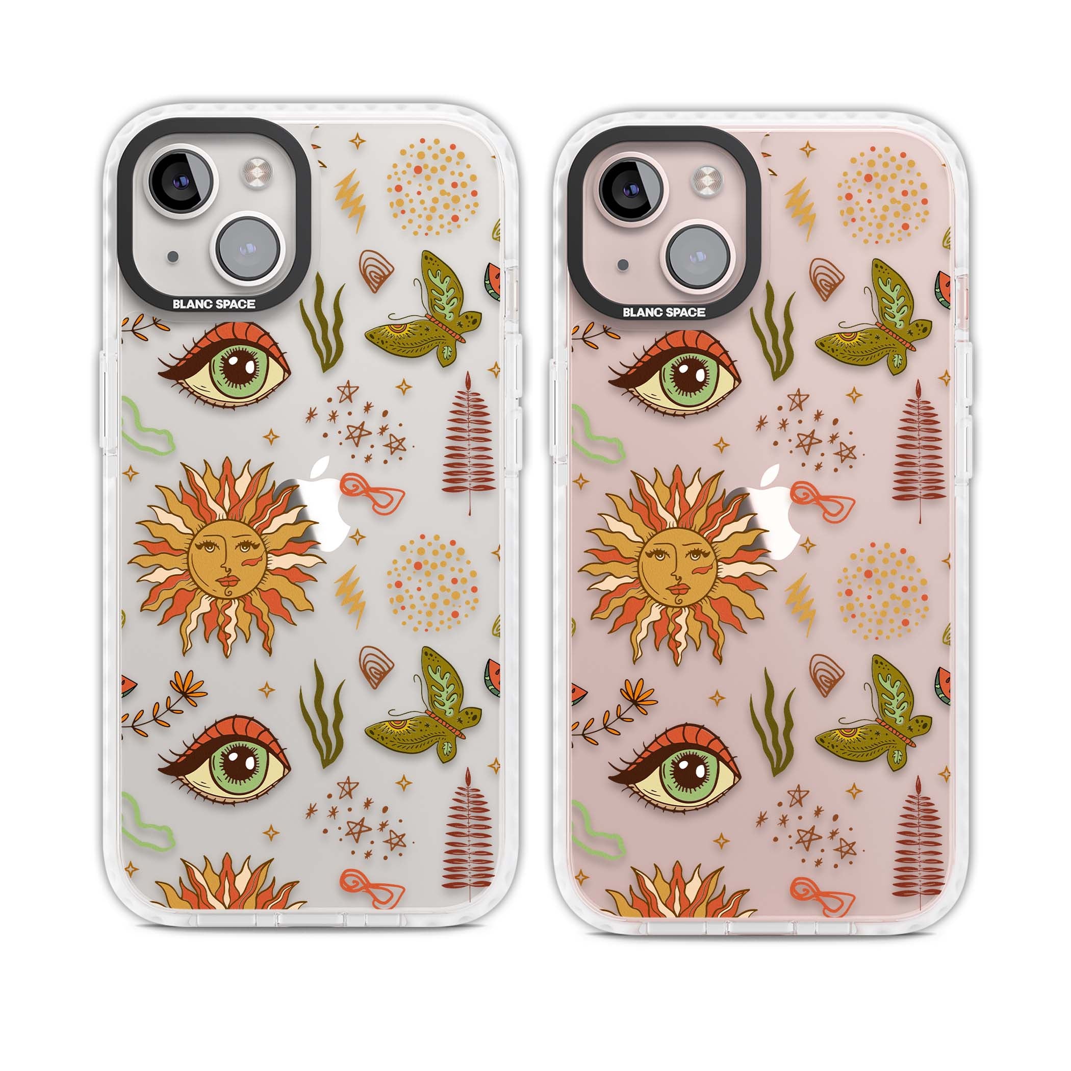 Elevate Your Phone'S Style With This Boho Celestial Sun & Eye Phone Case, Featuring A Mystical Blend Of Suns, All-Seeing Eyes, Butterflies, Stars, And