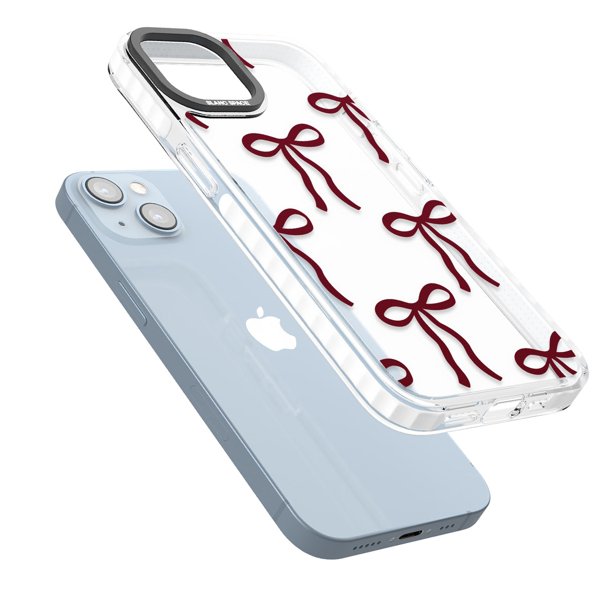 Burgundy Bows iPhone 12 / 12 Pro / iPhone 13 / iPhone 14 / iPhone 14 Plus / iPhone 15 / iPhone 15 Plus Impact Clear Phone Case angled