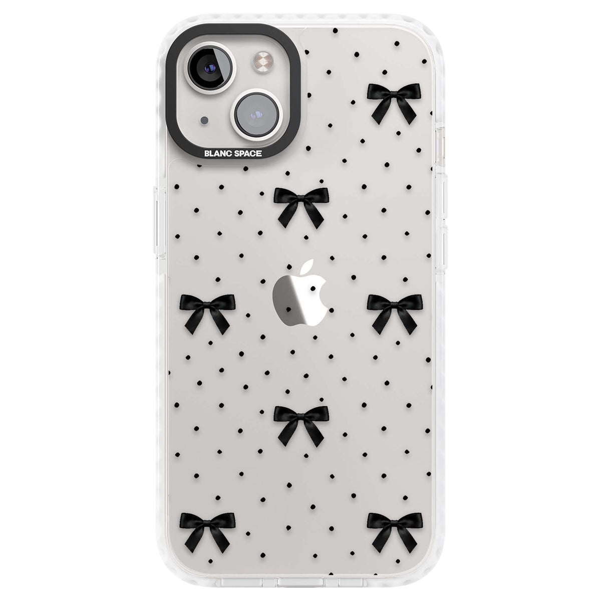 Black Polka Bows coquette iPhone case featuring scattered black satin bows and tiny polka dots on a clear base | Clear Impact case for iPhone 13, iPhone 14, iPhone 15