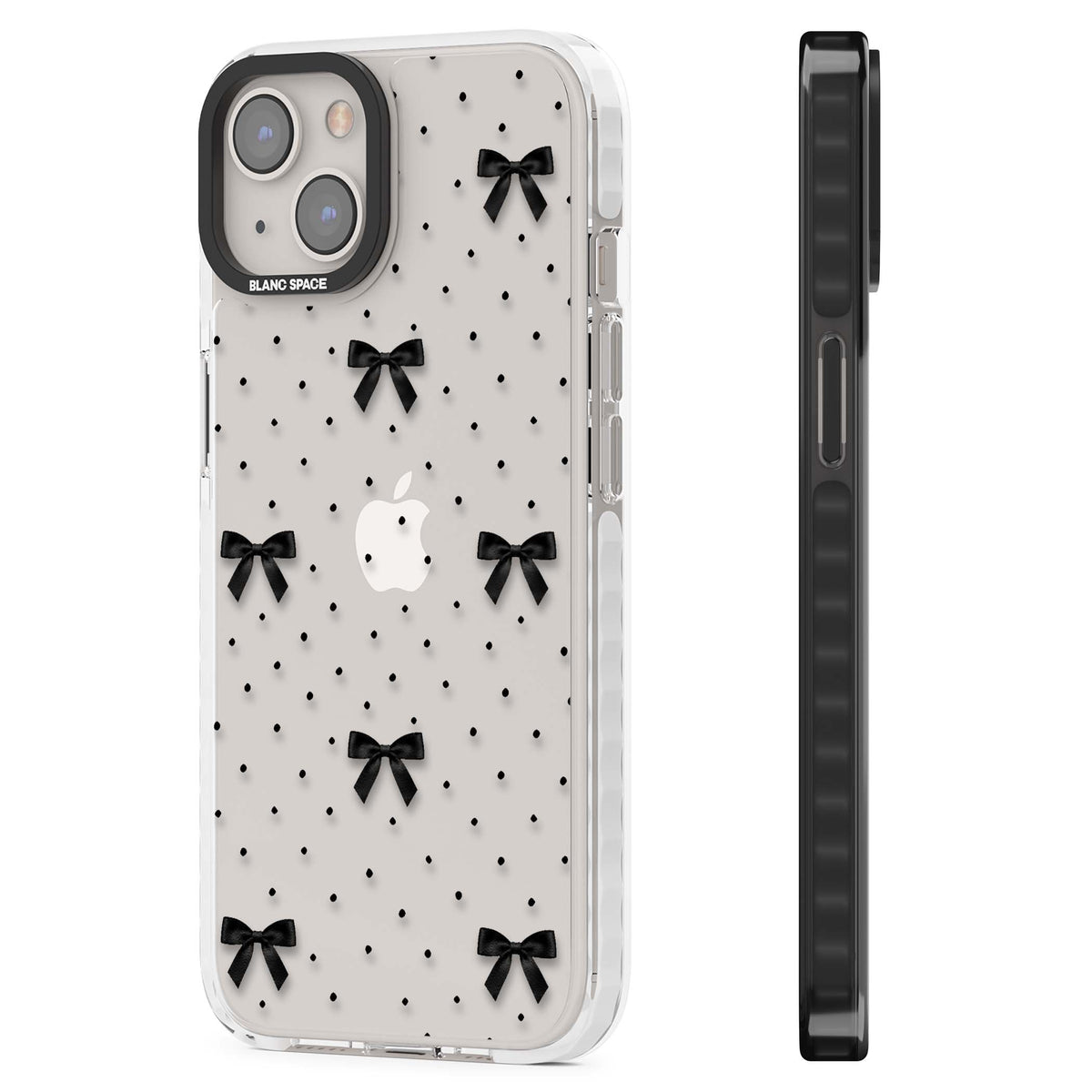 Black Polka Bows coquette iPhone case featuring scattered black satin bows and tiny polka dots on a clear base | Clear Impact case for iPhone 13, iPhone 14, iPhone 15
