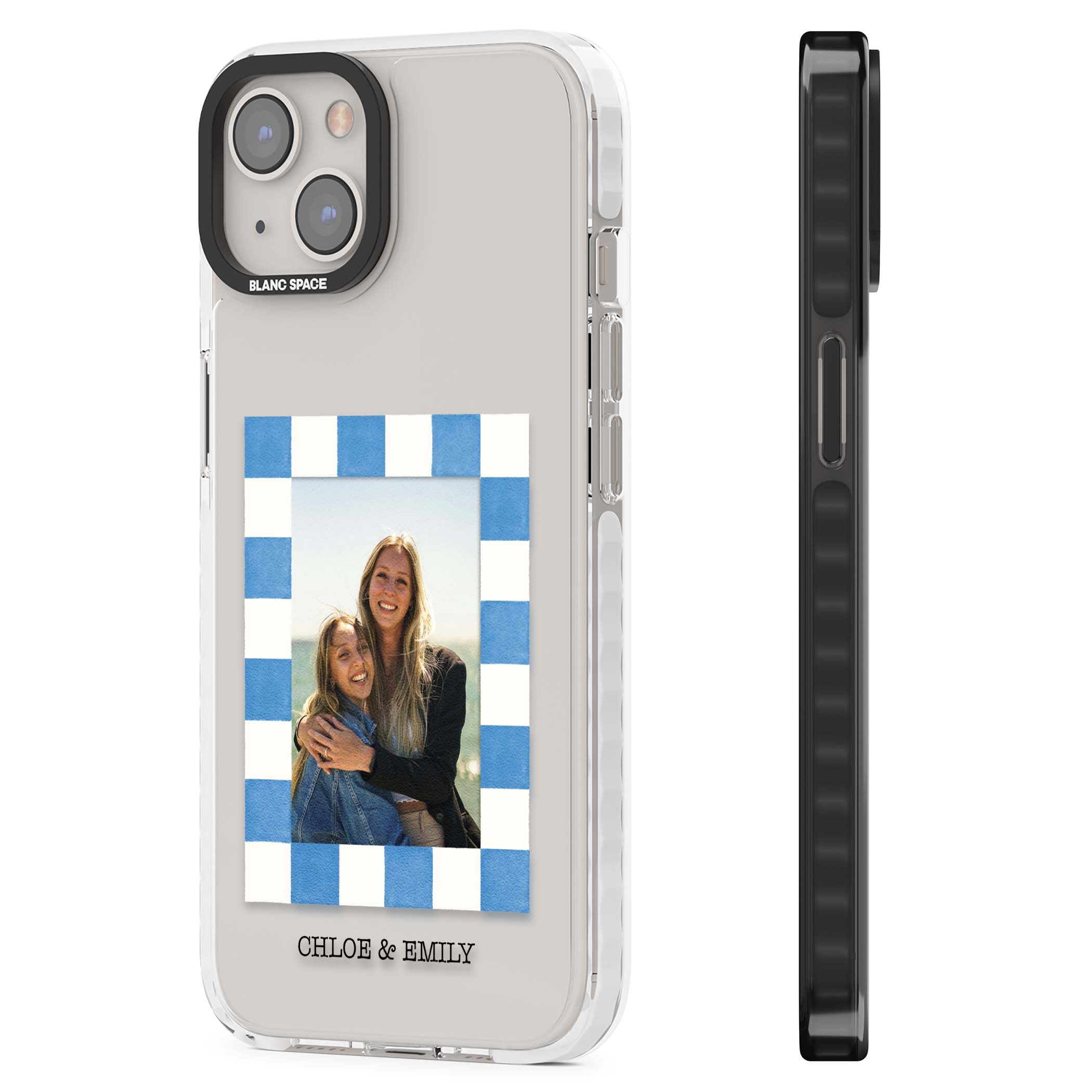 Blue Check Photo personalised photo iPhone case with blue checkered frame and custom couple names | Clear Impact case for iPhone 13, iPhone 14, iPhone 15