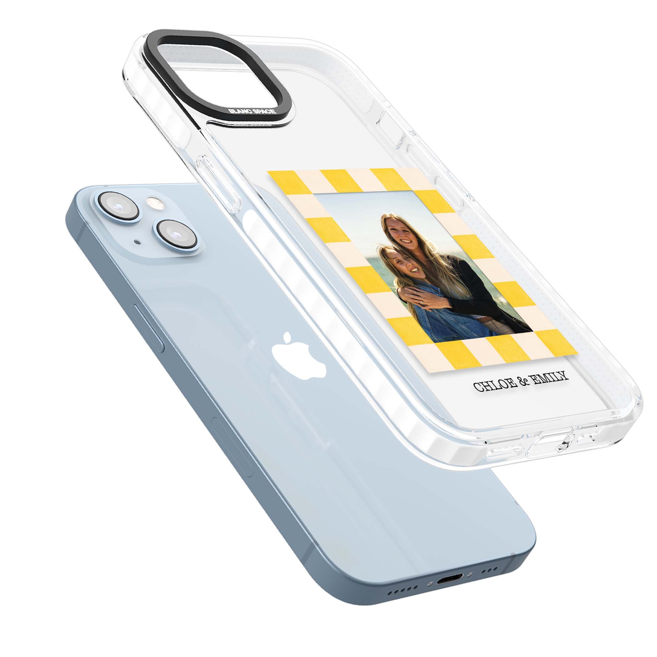 Yellow Check Photo personalised iPhone case with yellow checkered Polaroid frame and custom names beneath | Clear Impact case for iPhone 13, iPhone 14, iPhone 15
