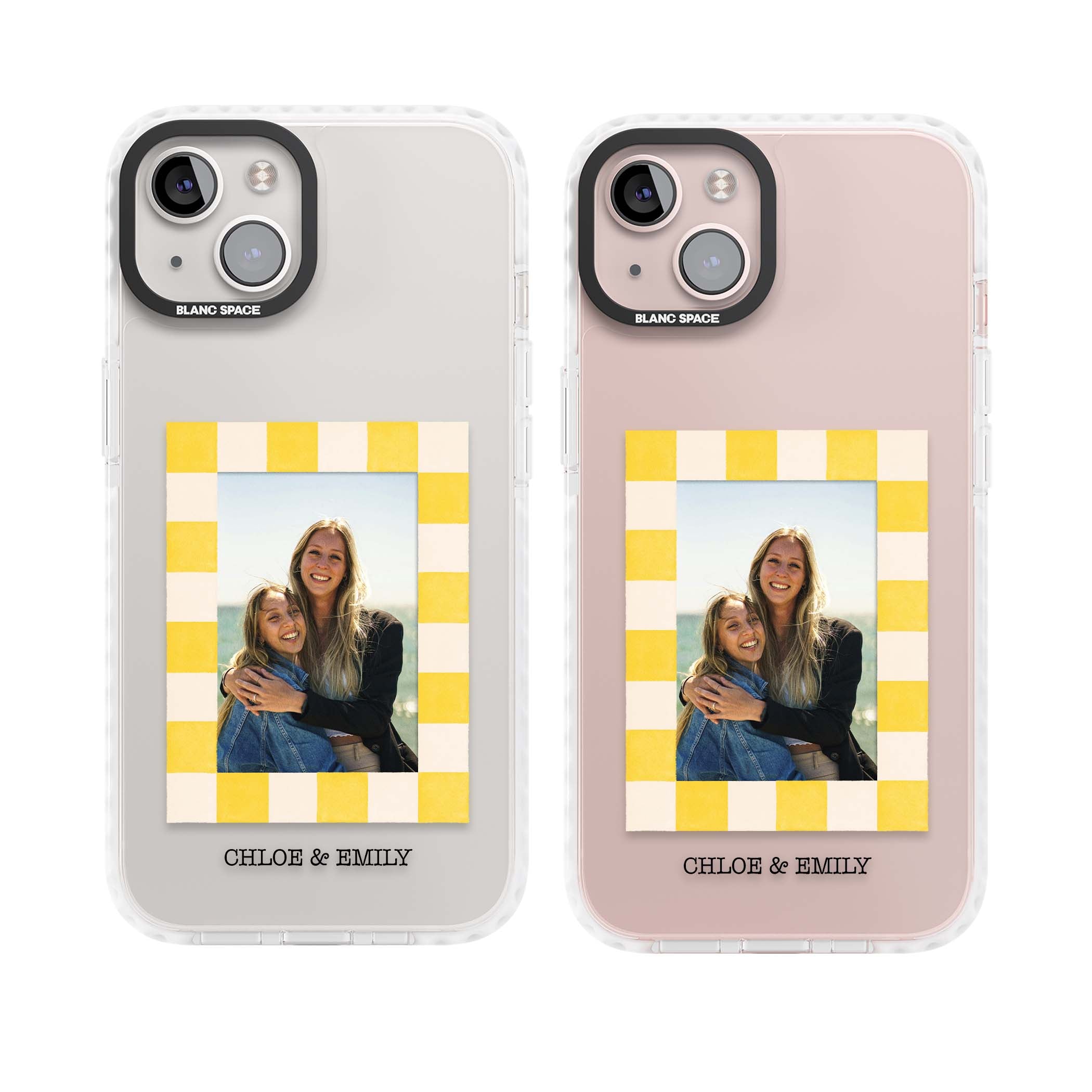Yellow Check Photo personalised iPhone case with yellow checkered Polaroid frame and custom names beneath | Clear Impact case for iPhone 13, iPhone 14, iPhone 15