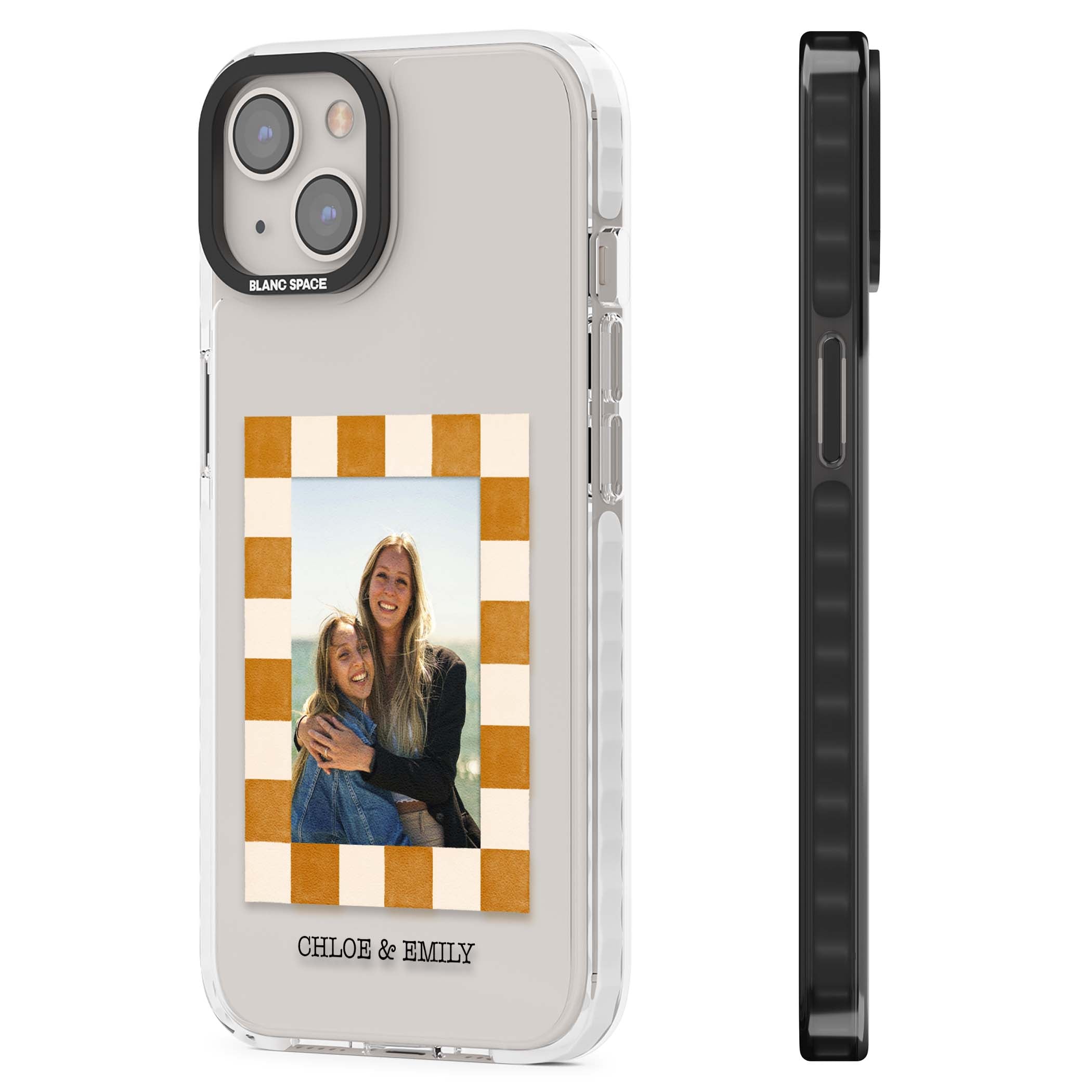 Citrus Check Photo personalised iPhone case with custom photo, orange checkered frame and names underneath | Clear Impact case for iPhone 13, iPhone 14, iPhone 15