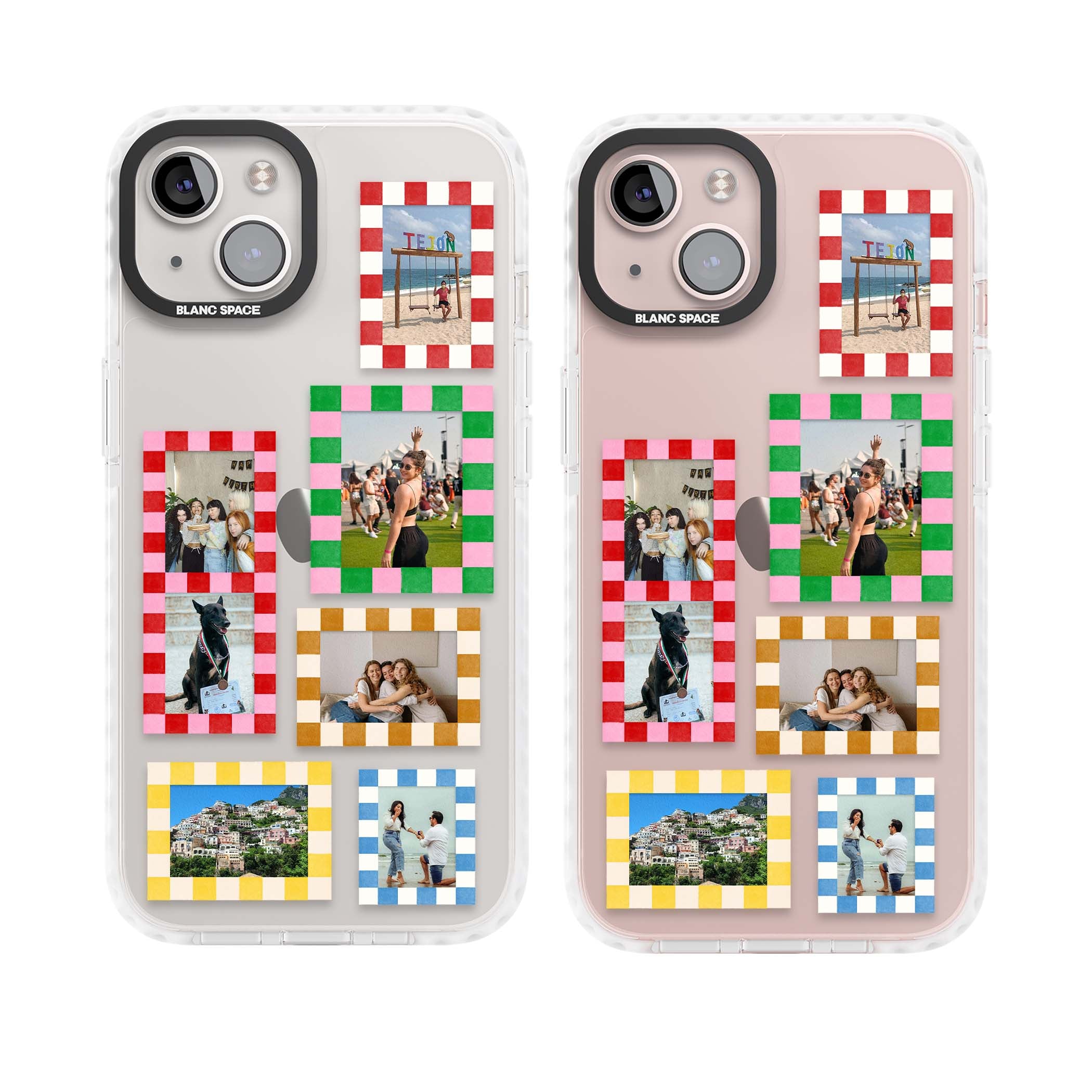 Italian Check Frames custom photo collage iPhone case featuring six checkered photo frames in red, green, pink and  | Clear Impact case for iPhone 13, iPhone 14, iPhone 15