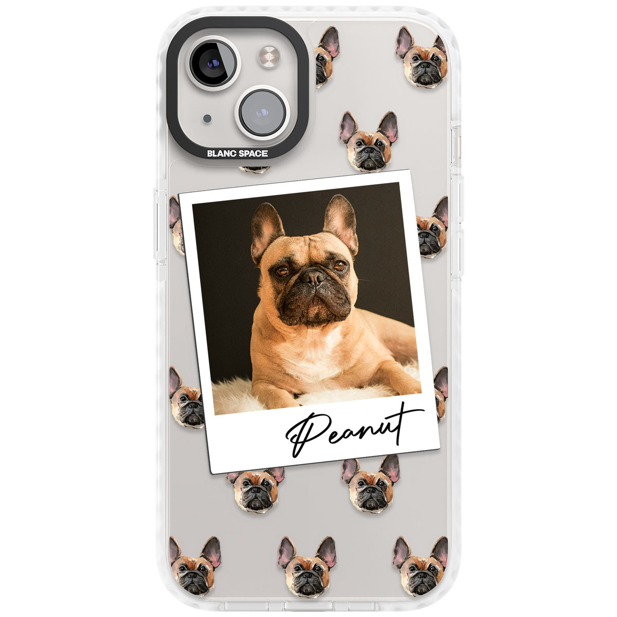 Personalised Tan French Bulldog Instant Camera Photo iPhone 12 / 12 Pro / iPhone 13 / iPhone 14 / iPhone 14 Plus / iPhone 15 / iPhone 15 Plus Impact Clear Phone Case front