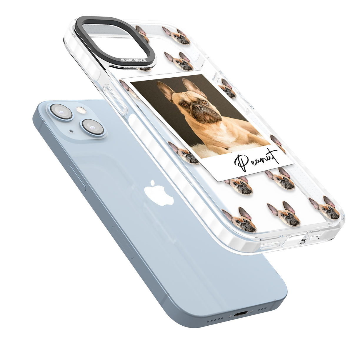 Personalised Tan French Bulldog Instant Camera Photo iPhone 12 / 12 Pro / iPhone 13 / iPhone 14 / iPhone 14 Plus / iPhone 15 / iPhone 15 Plus Impact Clear Phone Case angled