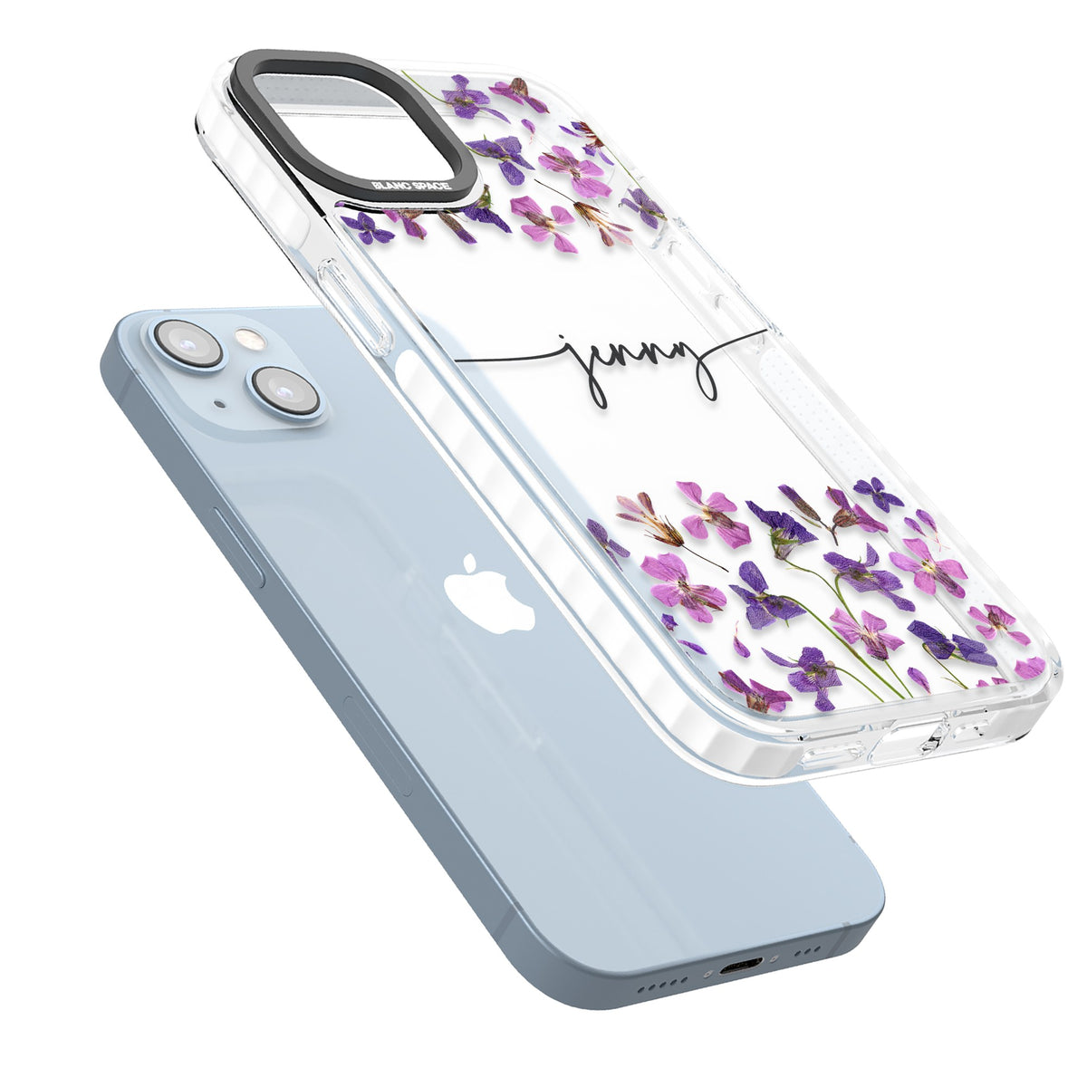 Personalised Purple Wildflowers iPhone 12 / 12 Pro / iPhone 13 / iPhone 14 / iPhone 14 Plus / iPhone 15 / iPhone 15 Plus Impact Clear Phone Case angled