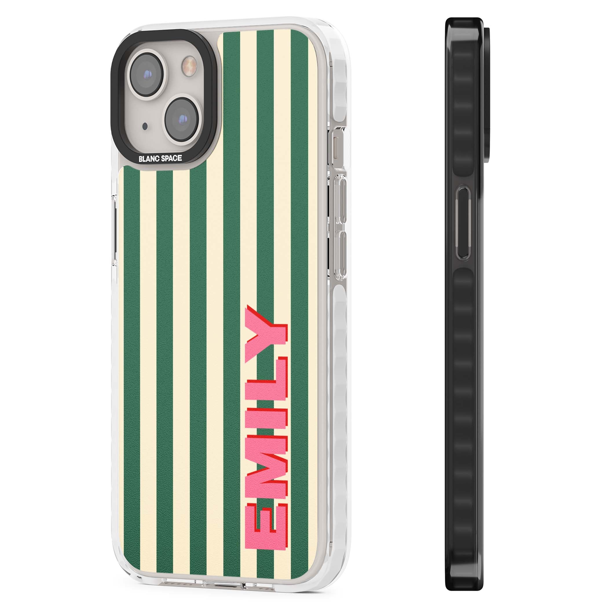 Wimbledon Stripe preppy iPhone case featuring green and cream vertical stripes with a personalised pink name | Clear Impact case for iPhone 13, iPhone 14, iPhone 15