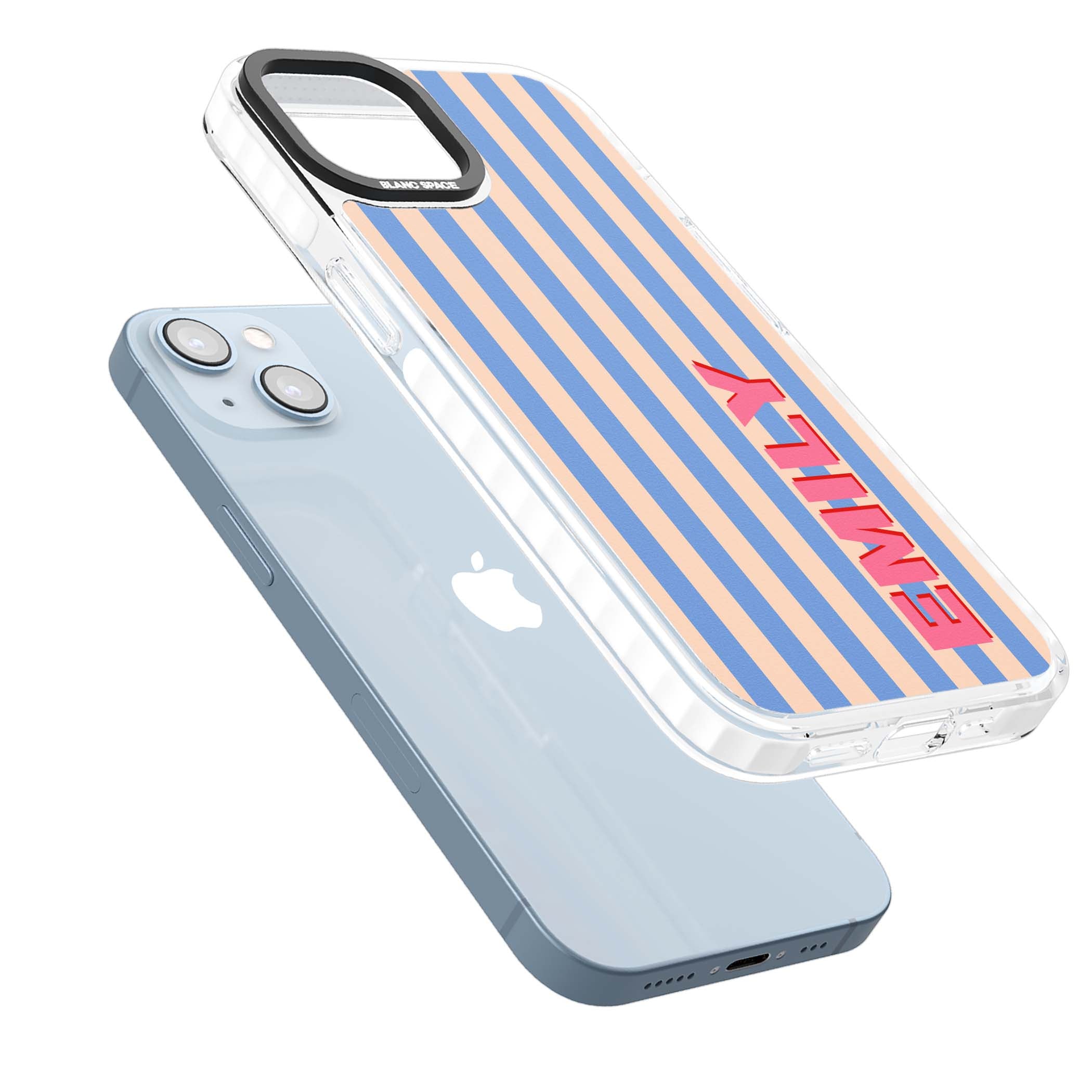Coastal Stripe personalised coastal iPhone case with blue and peach vertical stripes and custom pink name | Clear Impact case for iPhone 13, iPhone 14, iPhone 15