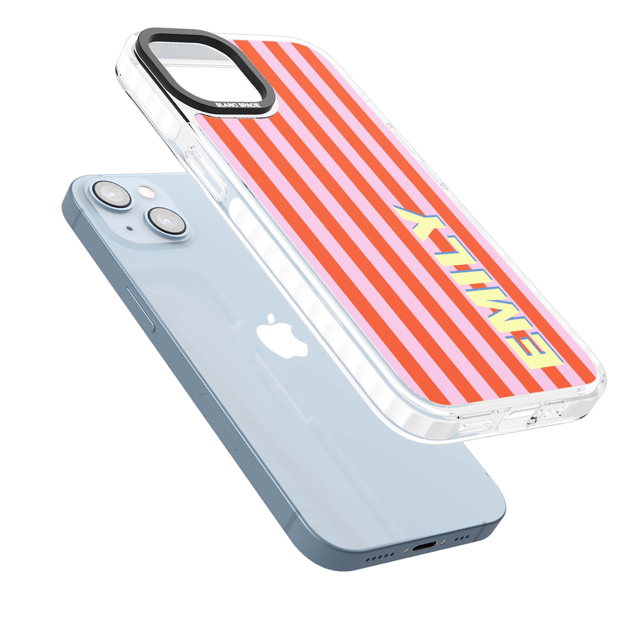 Havana Stripe personalised iPhone case featuring pink and orange vertical stripes with a custom yellow name | Clear Impact case for iPhone 13, iPhone 14, iPhone 15