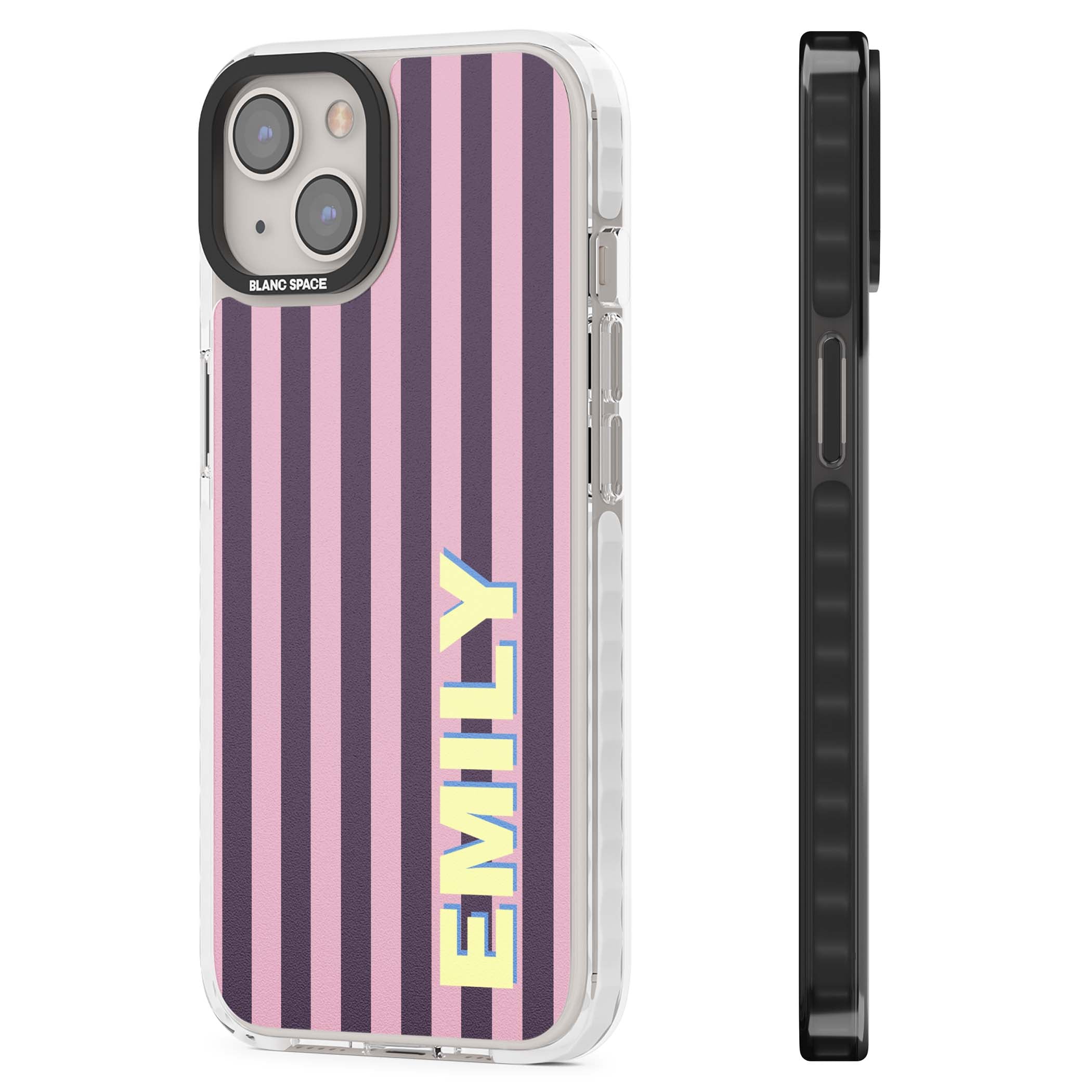 Tyre Stripe personalised stripe iPhone case with plum and pink vertical stripes and custom yellow name | Clear Impact case for iPhone 13, iPhone 14, iPhone 15