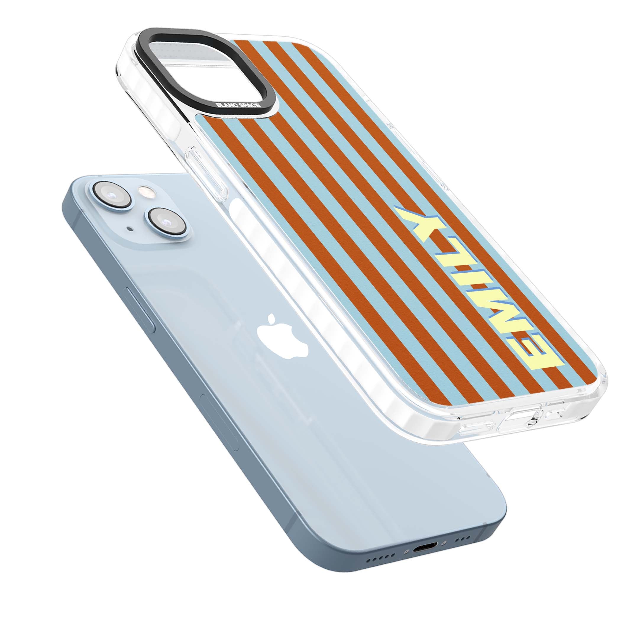 Cappadocia Stripe personalised coastal iPhone case featuring blue and orange vertical stripes with custom cream name | Clear Impact case for iPhone 13, iPhone 14, iPhone 15