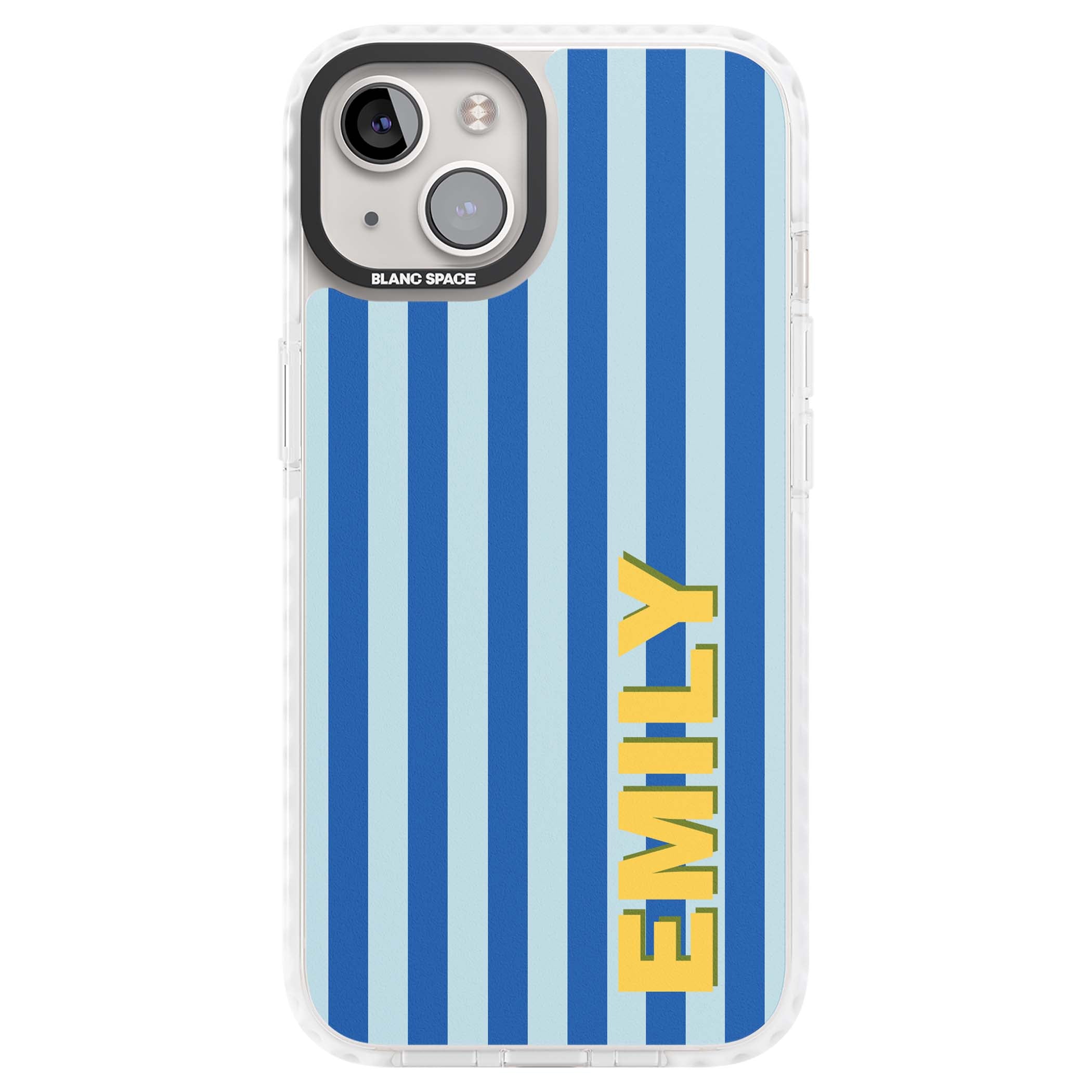 Athenian Stripe personalised preppy iPhone case featuring blue vertical stripes and a custom yellow name | Clear Impact case for iPhone 13, iPhone 14, iPhone 15