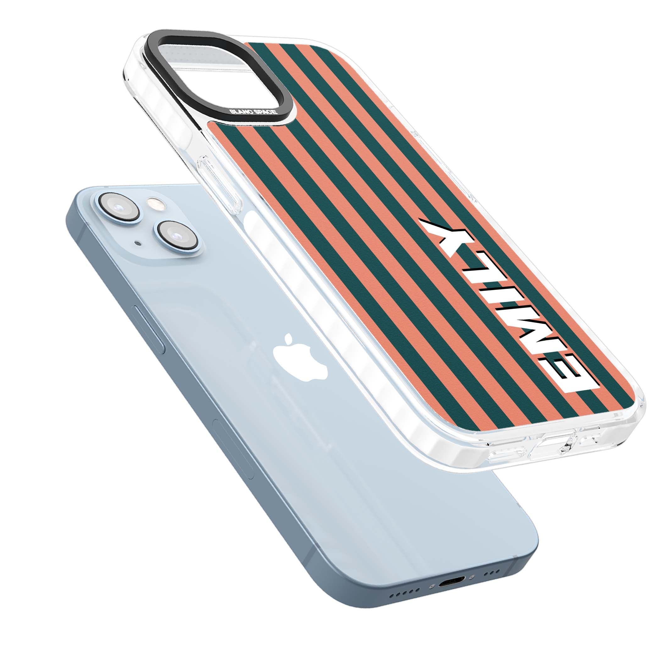 Tuscan Stripe personalised iPhone case featuring coral and green vertical stripes with bold custom name | Clear Impact case for iPhone 13, iPhone 14, iPhone 15