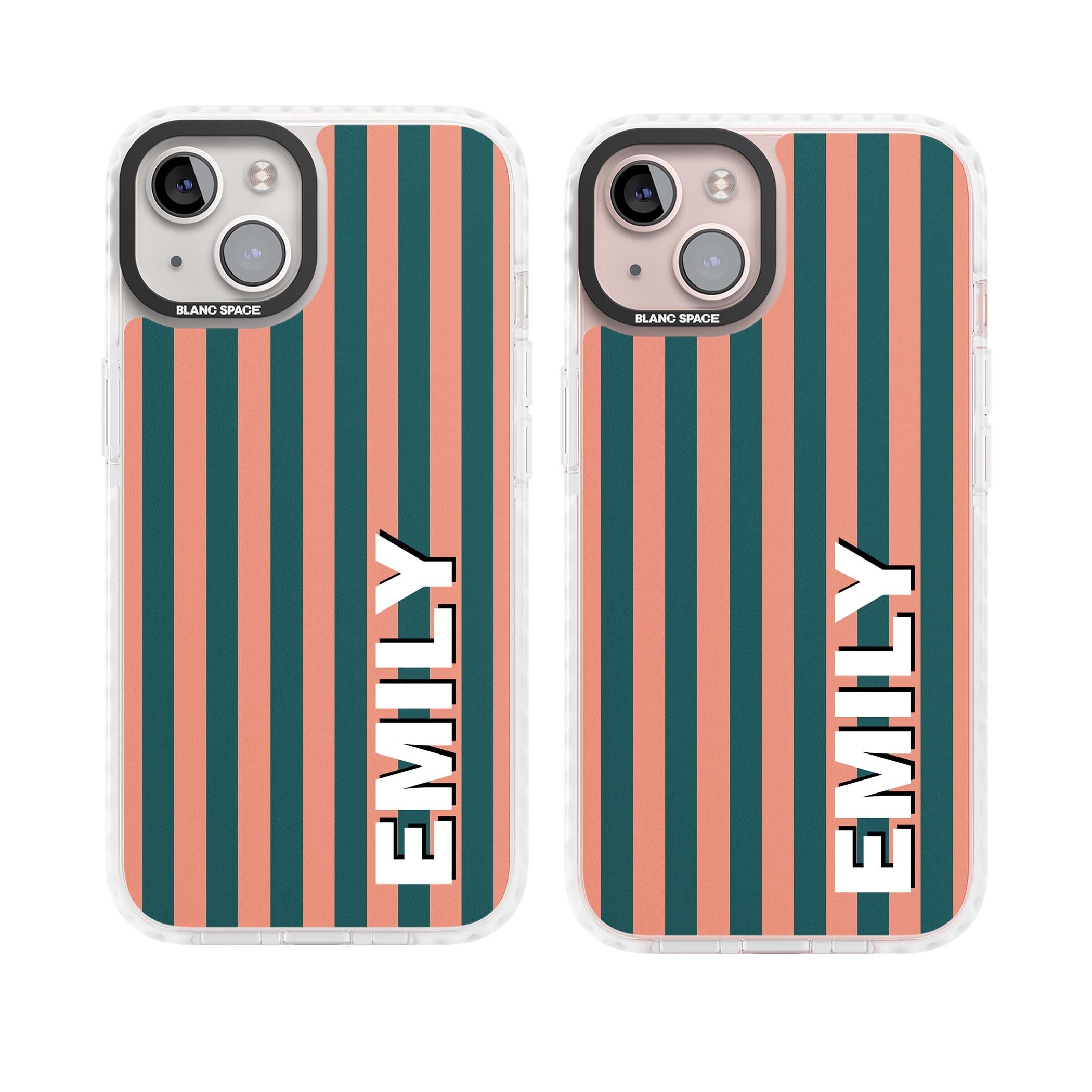 Tuscan Stripe personalised iPhone case featuring coral and green vertical stripes with bold custom name | Clear Impact case for iPhone 13, iPhone 14, iPhone 15