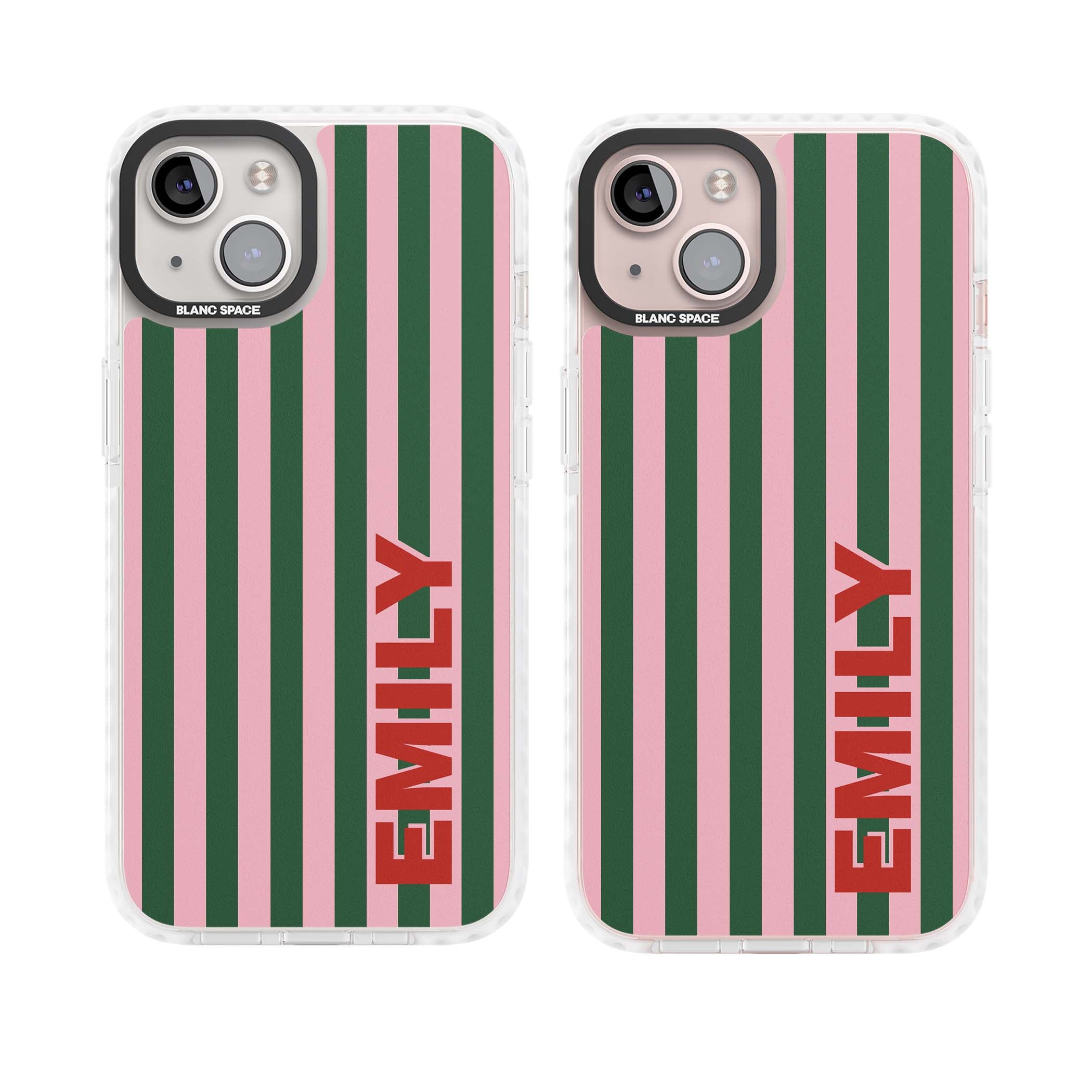 Italian Stripe preppy iPhone case featuring pink and green vertical stripes with personalised red name | Clear Impact case for iPhone 13, iPhone 14, iPhone 15