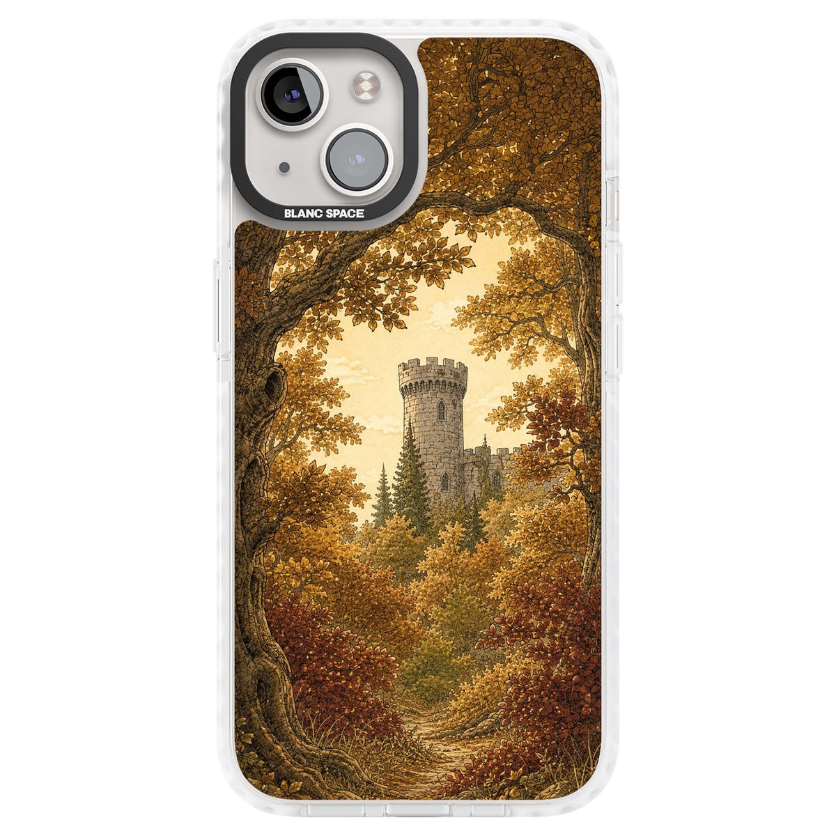 Autumn Keep cottagecore iPhone case featuring a medieval castle tower framed by golden autumn trees and woodland foliage | Clear Impact case for iPhone 13, iPhone 14, iPhone 15