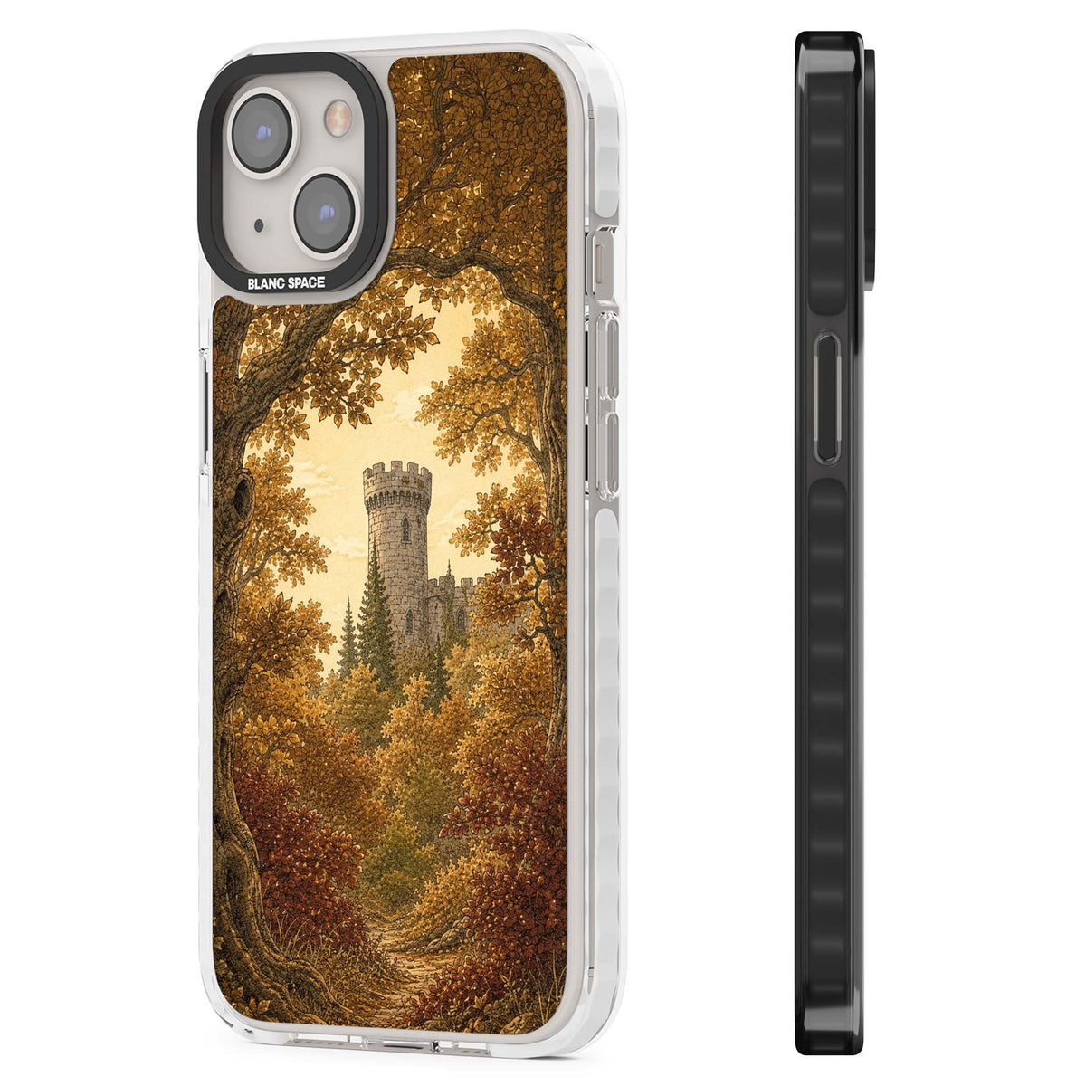 Autumn Keep cottagecore iPhone case featuring a medieval castle tower framed by golden autumn trees and woodland foliage | Clear Impact case for iPhone 13, iPhone 14, iPhone 15