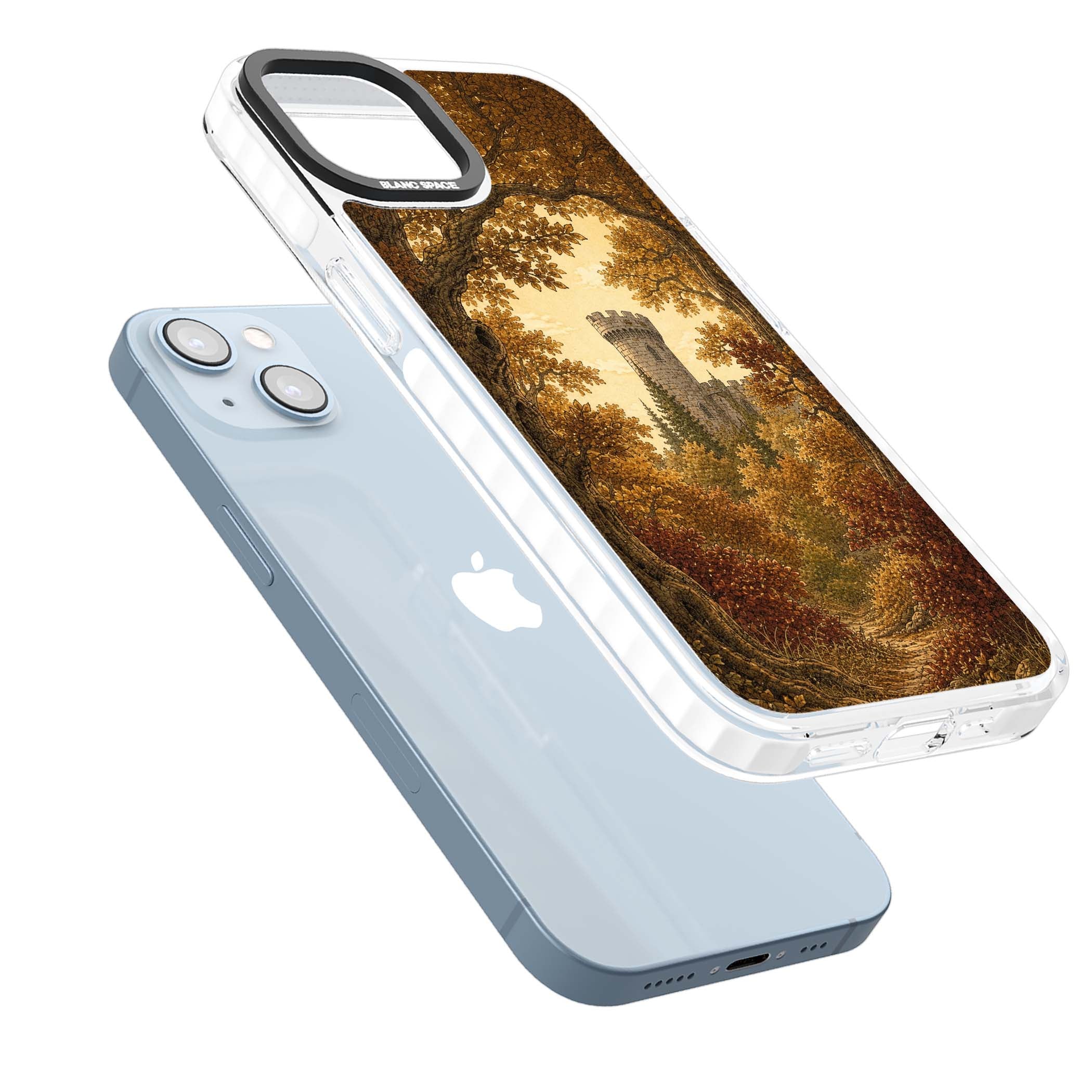 Autumn Keep cottagecore iPhone case featuring a medieval castle tower framed by golden autumn trees and woodland foliage | Clear Impact case for iPhone 13, iPhone 14, iPhone 15