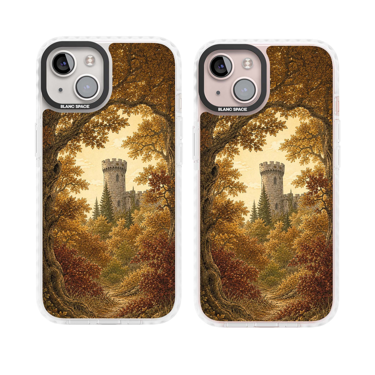 Autumn Keep cottagecore iPhone case featuring a medieval castle tower framed by golden autumn trees and woodland foliage | Clear Impact case for iPhone 13, iPhone 14, iPhone 15