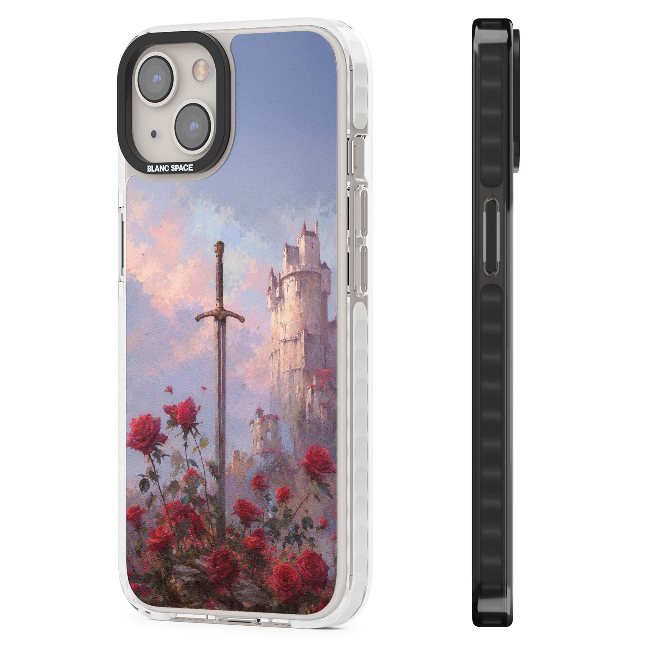 Sword in Roses medieval art iPhone case featuring a sword, red roses, and a misty fairytale castle at sunset | Clear Impact case for iPhone 13, iPhone 14, iPhone 15