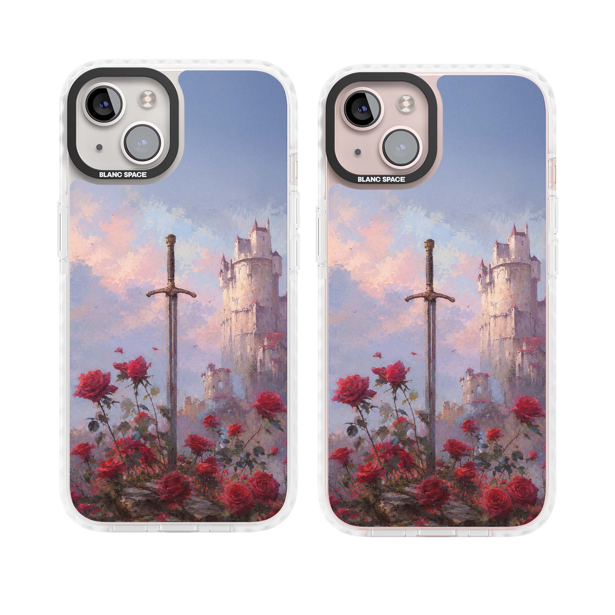 Sword in Roses medieval art iPhone case featuring a sword, red roses, and a misty fairytale castle at sunset | Clear Impact case for iPhone 13, iPhone 14, iPhone 15