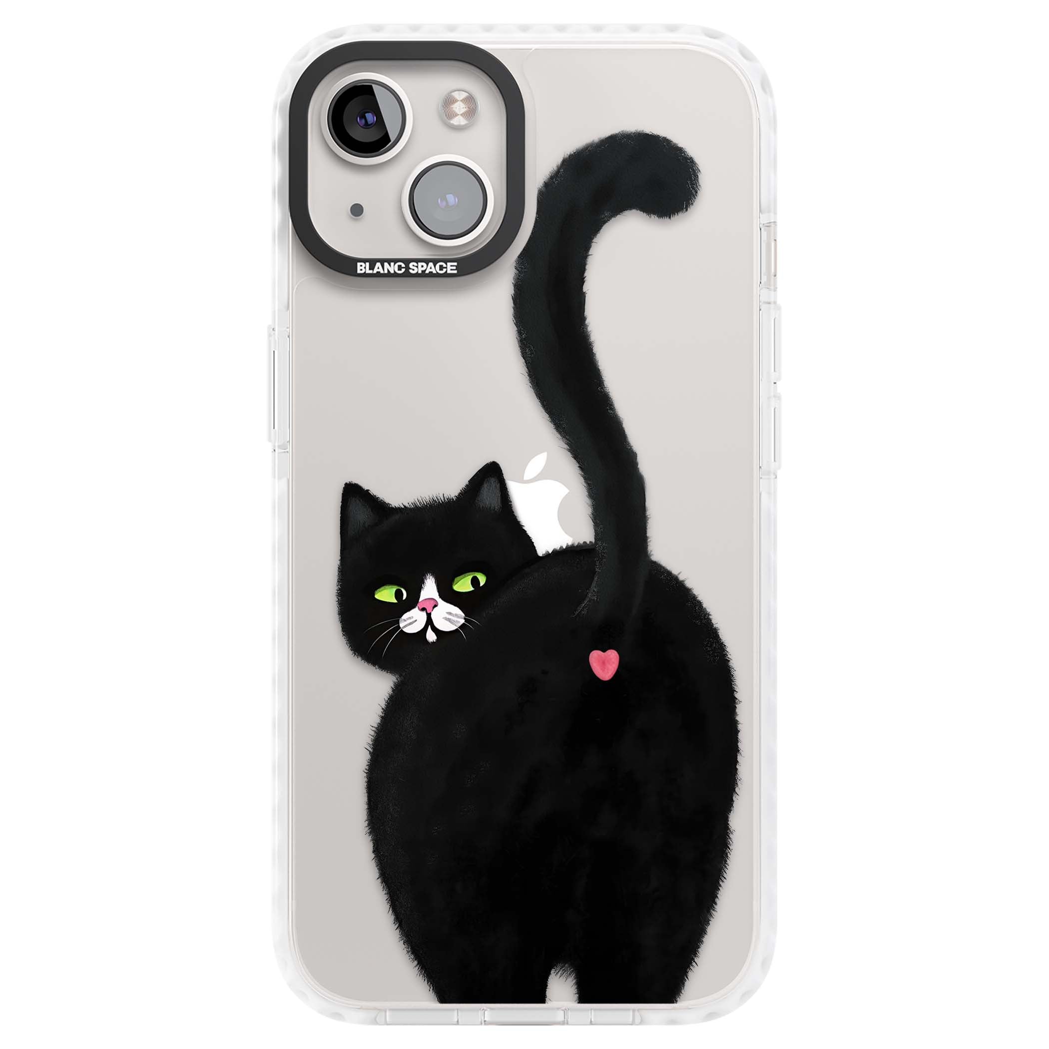 The Cat's Kiss cute cat iPhone case featuring a hand-painted tuxedo kitty with green eyes and a pink heart on a clear  | Clear Impact case for iPhone 13, iPhone 14, iPhone 15