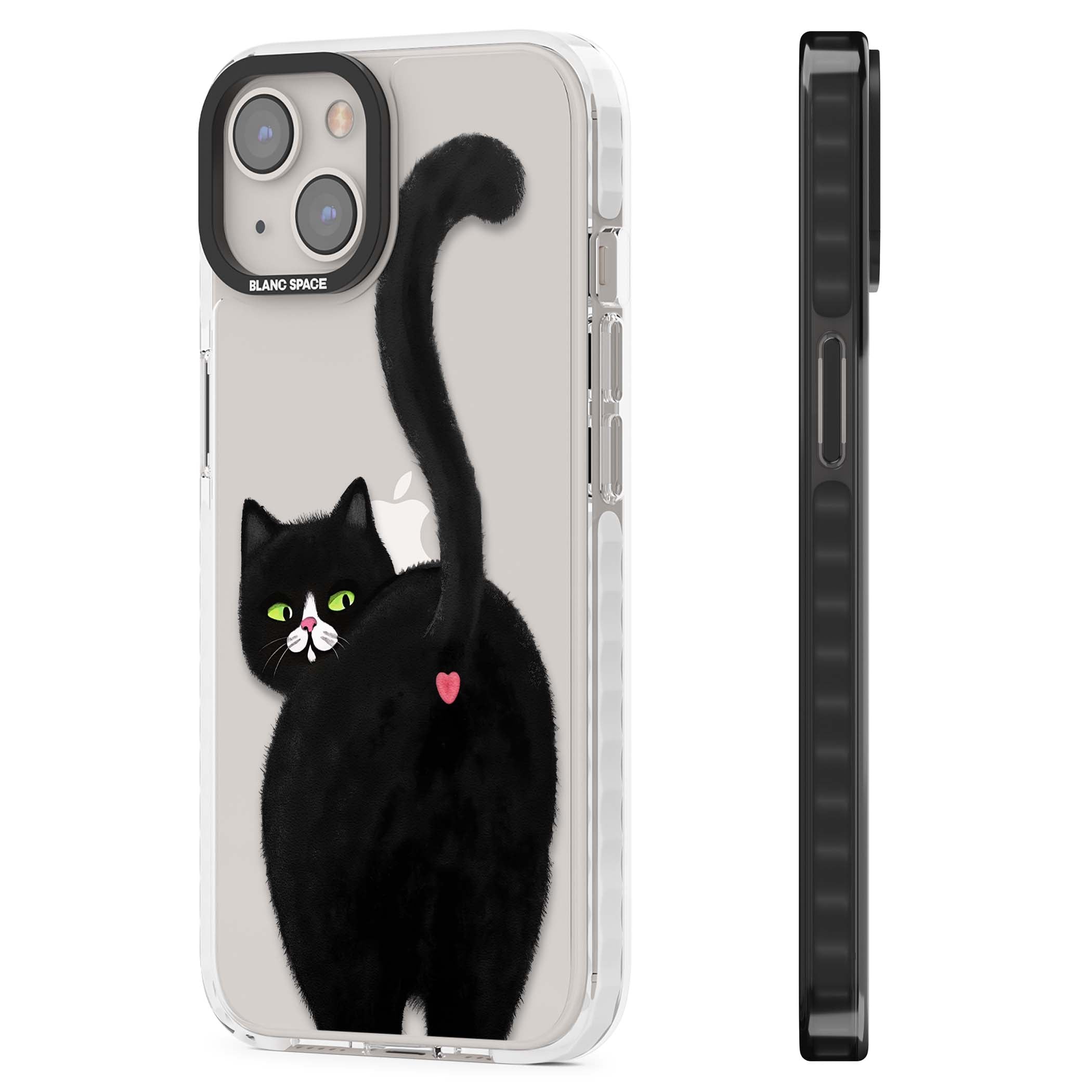 The Cat's Kiss cute cat iPhone case featuring a hand-painted tuxedo kitty with green eyes and a pink heart on a clear  | Clear Impact case for iPhone 13, iPhone 14, iPhone 15