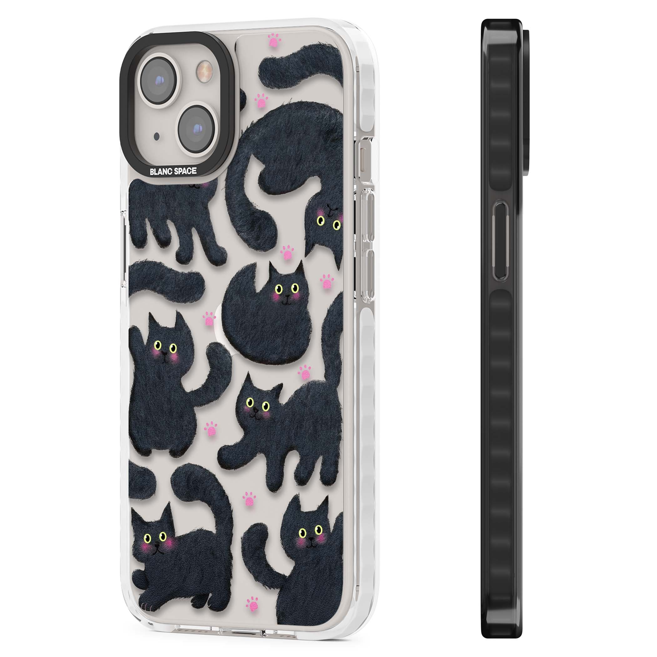 Midnight Cats cute iPhone case featuring black cat pattern with yellow eyes and pink paw prints | Clear Impact case for iPhone 13, iPhone 14, iPhone 15