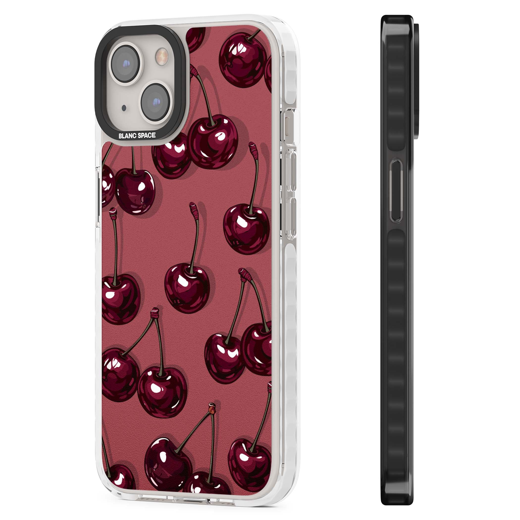 Cherry Rebel coquette iPhone case featuring glossy burgundy cherries on a dusty rose background | Clear Impact case for iPhone 13, iPhone 14, iPhone 15