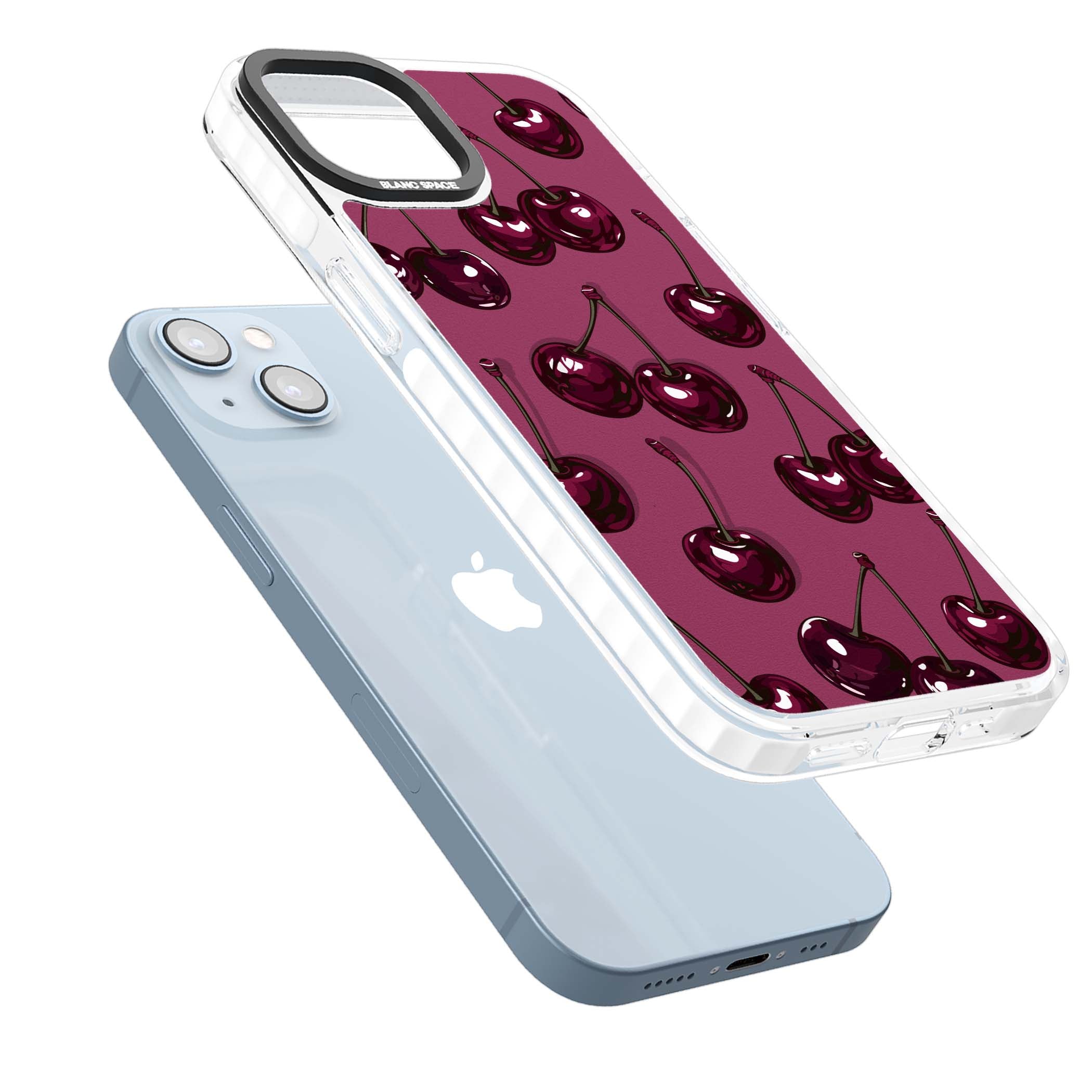 Cherry Soda coquette iPhone case featuring glossy burgundy cherries on a dusty pink background | Clear Impact case for iPhone 13, iPhone 14, iPhone 15