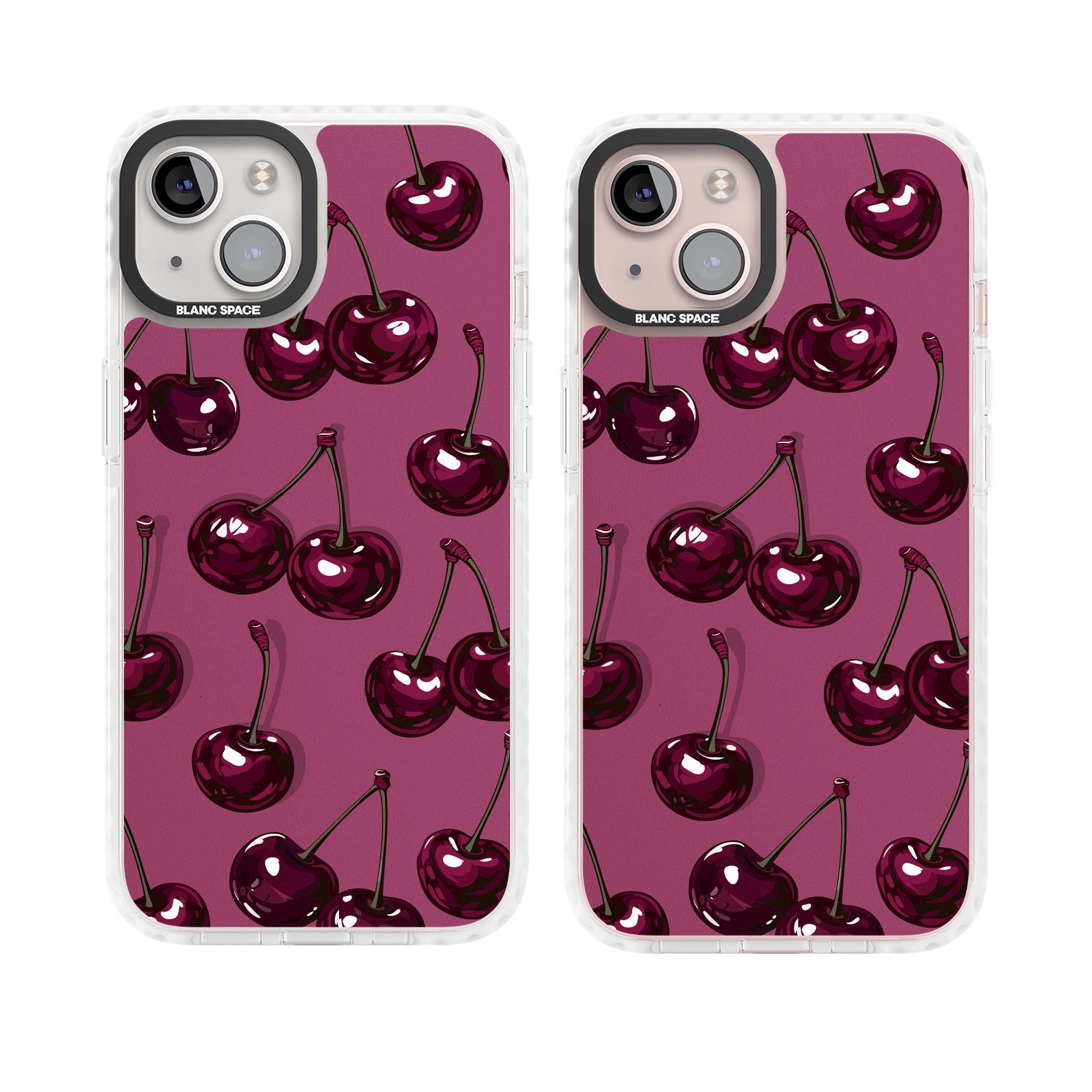 Cherry Soda coquette iPhone case featuring glossy burgundy cherries on a dusty pink background | Clear Impact case for iPhone 13, iPhone 14, iPhone 15