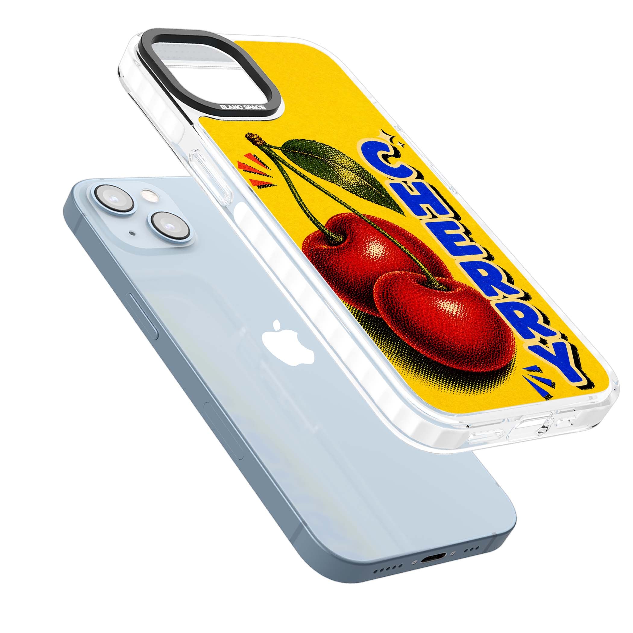 Cherry Yellow y2k iPhone case featuring two red cherries, halftone shading and bold blue CHERRY lettering on yellow | Clear Impact case for iPhone 13, iPhone 14, iPhone 15