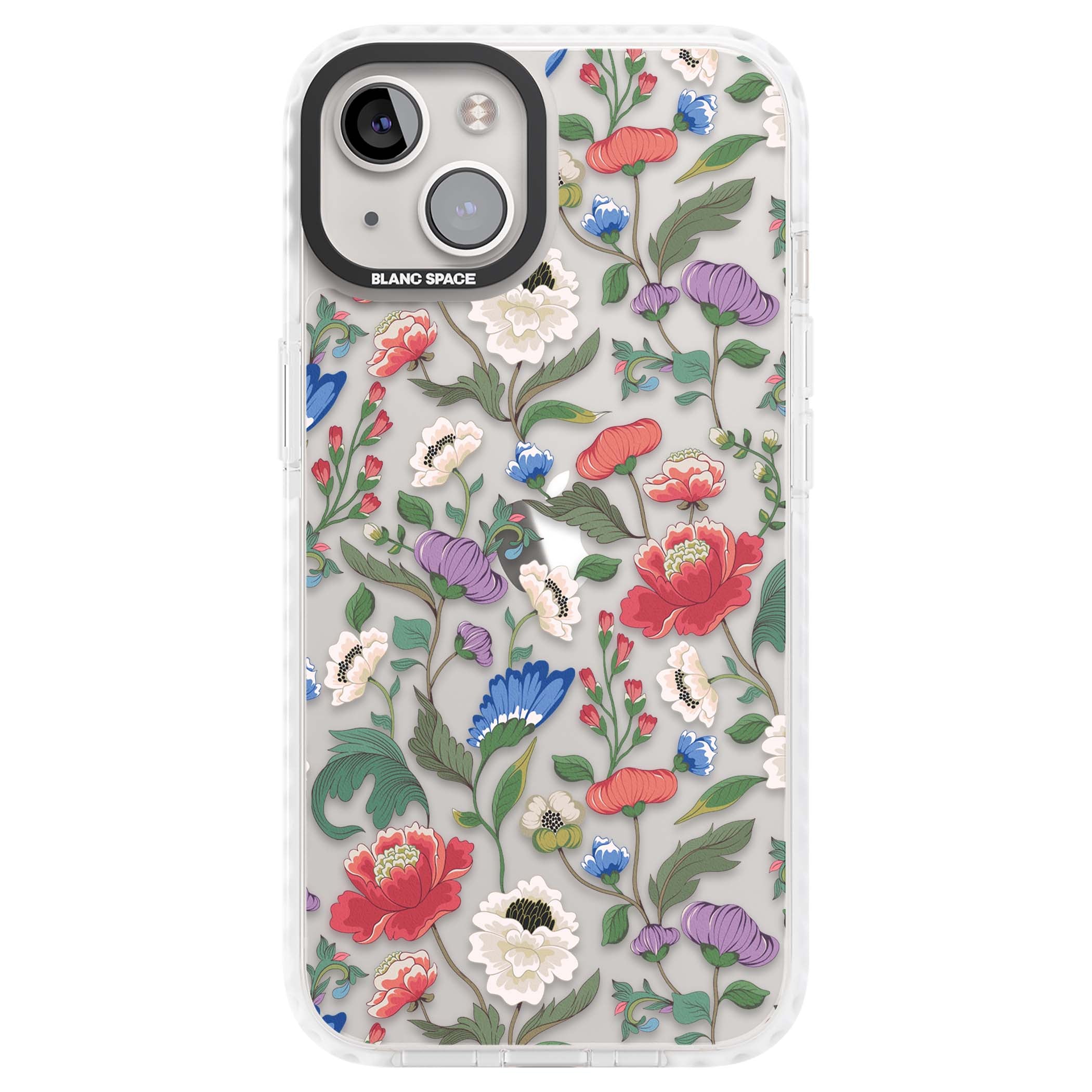 Chinoiserie Bloom vintage floral iPhone case featuring hand-painted peonies, poppies and trailing wildflowers on clear... | Clear Impact case for iPhone 13, iPhone 14, iPhone 15